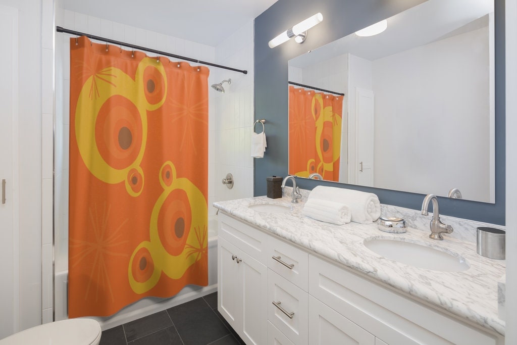 Mustard Yellow Geometric Shower Curtain for MCM Bathroom - Image 2