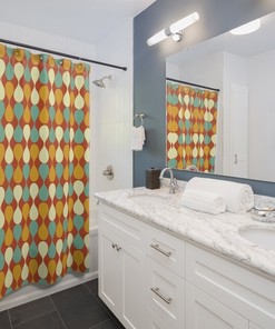 Mustard Yellow Mid Century Modern Shower Curtain, Retro Bathroom Decor