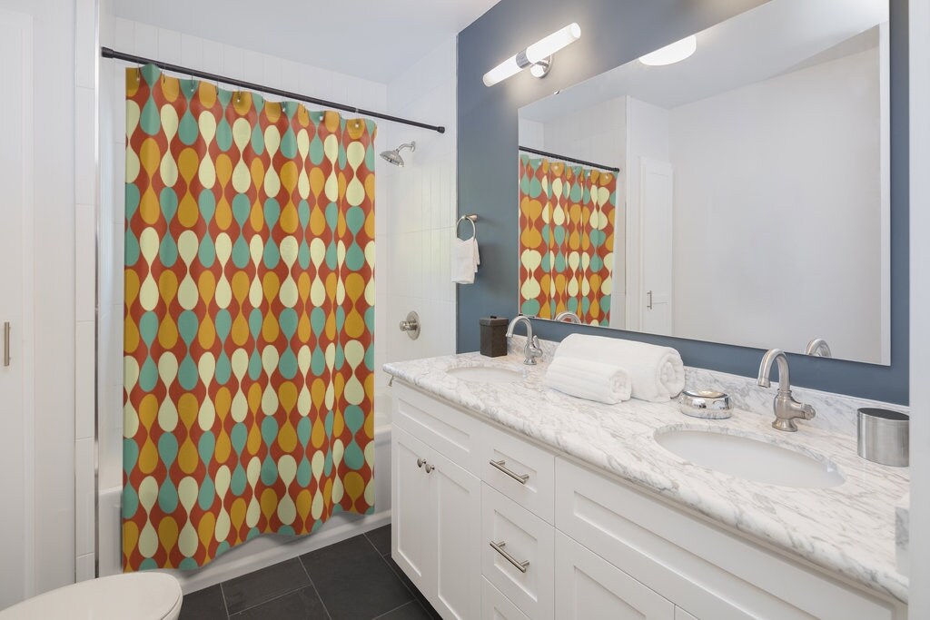 Mustard Yellow Mid Century Modern Shower Curtain, Retro Bathroom Decor