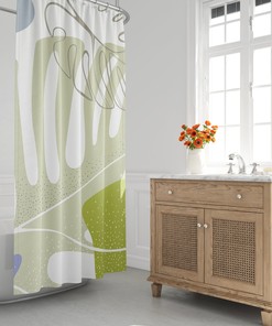 Muted Green Tone Abstract Shower Curtain with Leaves - Scandi Mid Century Modern Design for Bathroom Decor