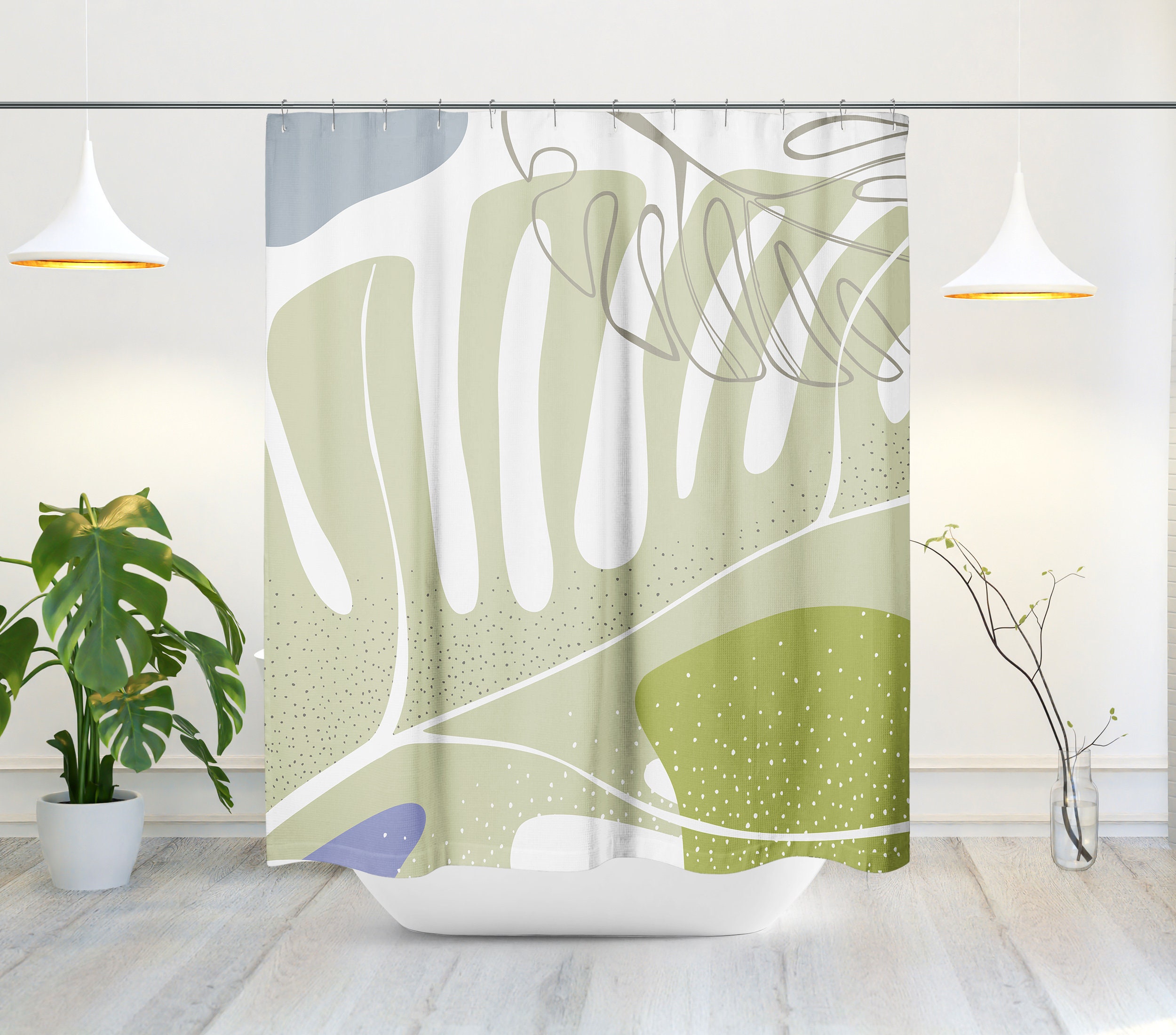 Muted Green Tone Abstract Shower Curtain with Leaves - Scandi Mid Century Modern Design for Bathroom Decor - Image 2