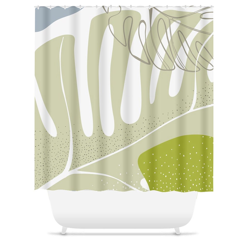 Muted Green Tone Abstract Shower Curtain with Leaves - Scandi Mid Century Modern Design for Bathroom Decor - Image 3