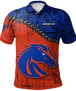 NCAA Boise State Broncos Polynesian Grunge Patterned Polo Shirt in Orange and Blue