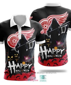 NHL Detroit Red Wings Black Happy Halloween - Breathable Fabric Polo Shirt with Hockey Team Logo