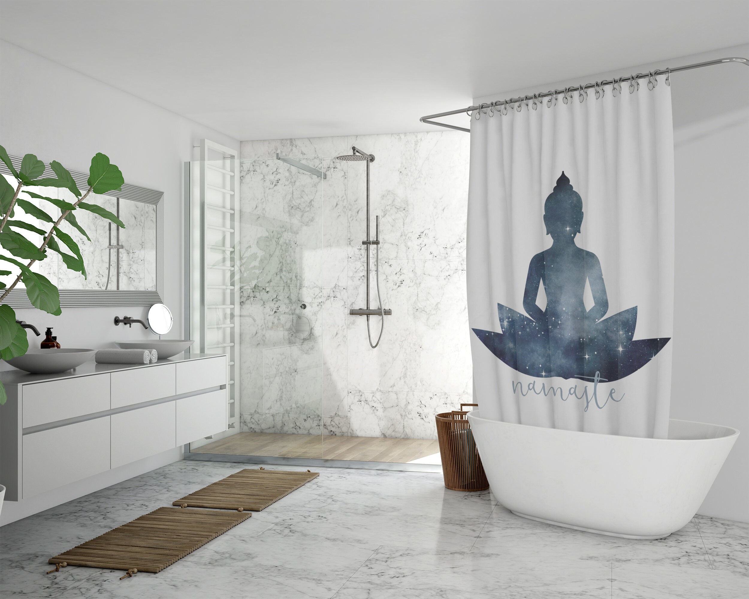 Namaste Shower Curtain, Boho Bath Decor , Inspiring Home Decor, Printed Fabric Shower Curtain, Meditating Buddha - Image 2