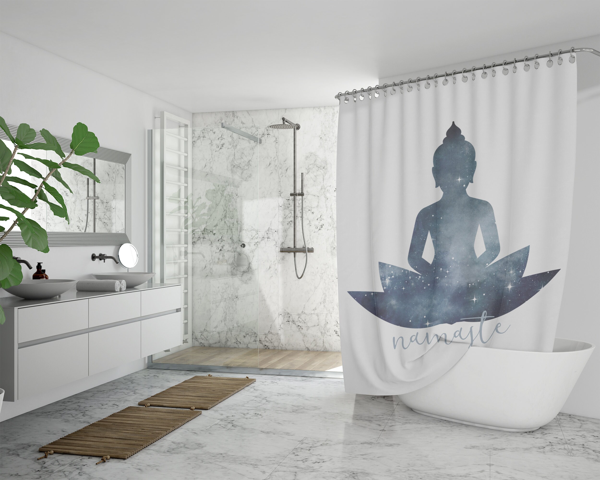 Namaste Shower Curtain, Boho Bath Decor , Inspiring Home Decor, Printed Fabric Shower Curtain, Meditating Buddha - Image 3