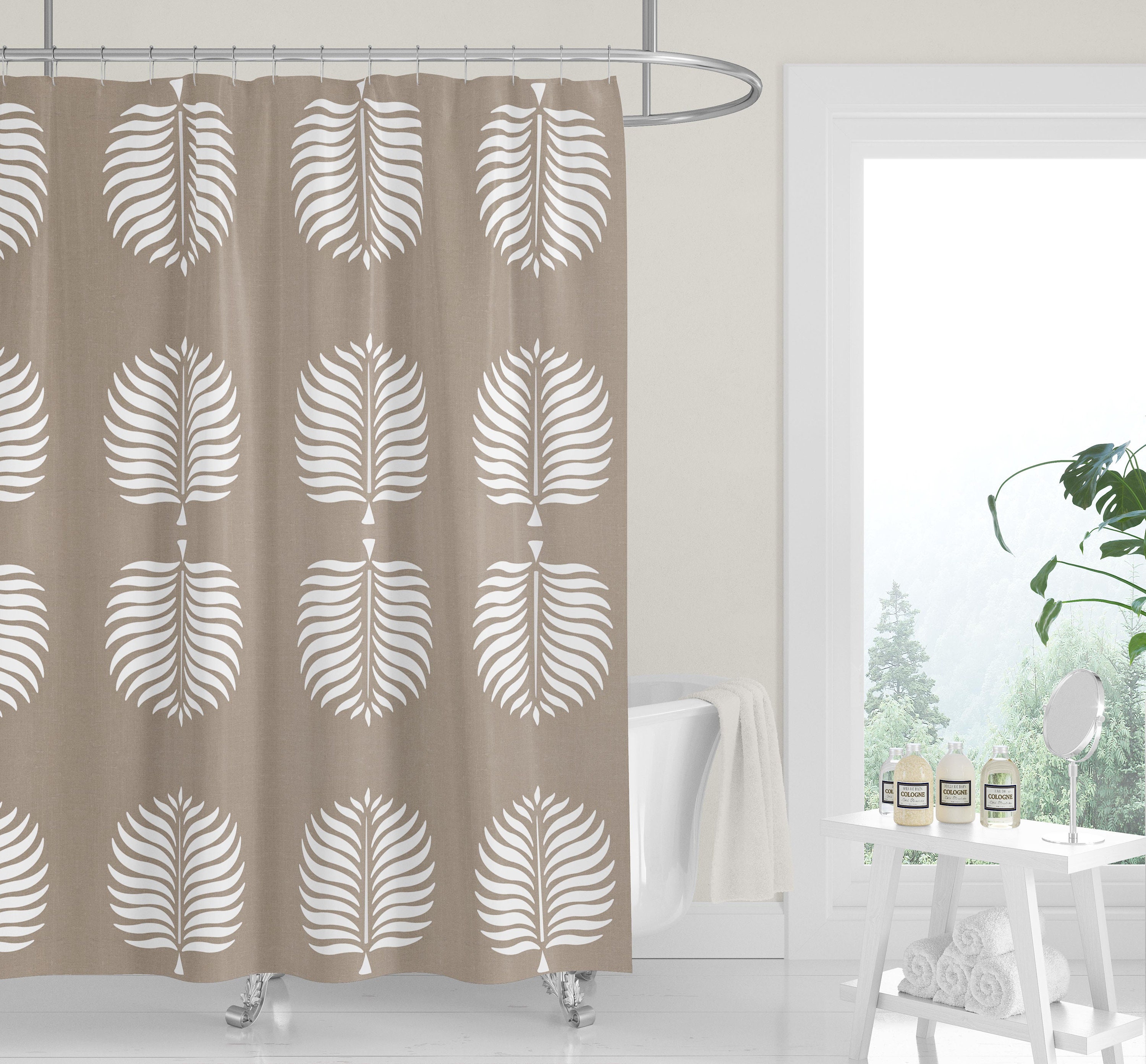 Natural Tan White Palm Fronds Modern Shower Curtain - Minimalist Print