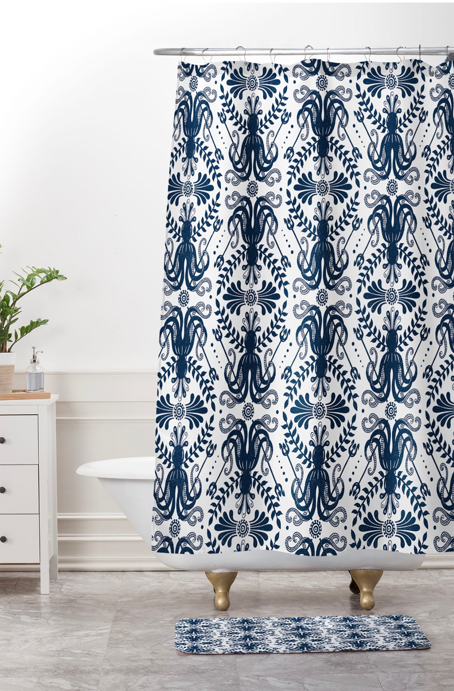 Nautical Damask Shower Curtain with Octopus Mythos Oceanic Design for a Classic Coastal Bathroom