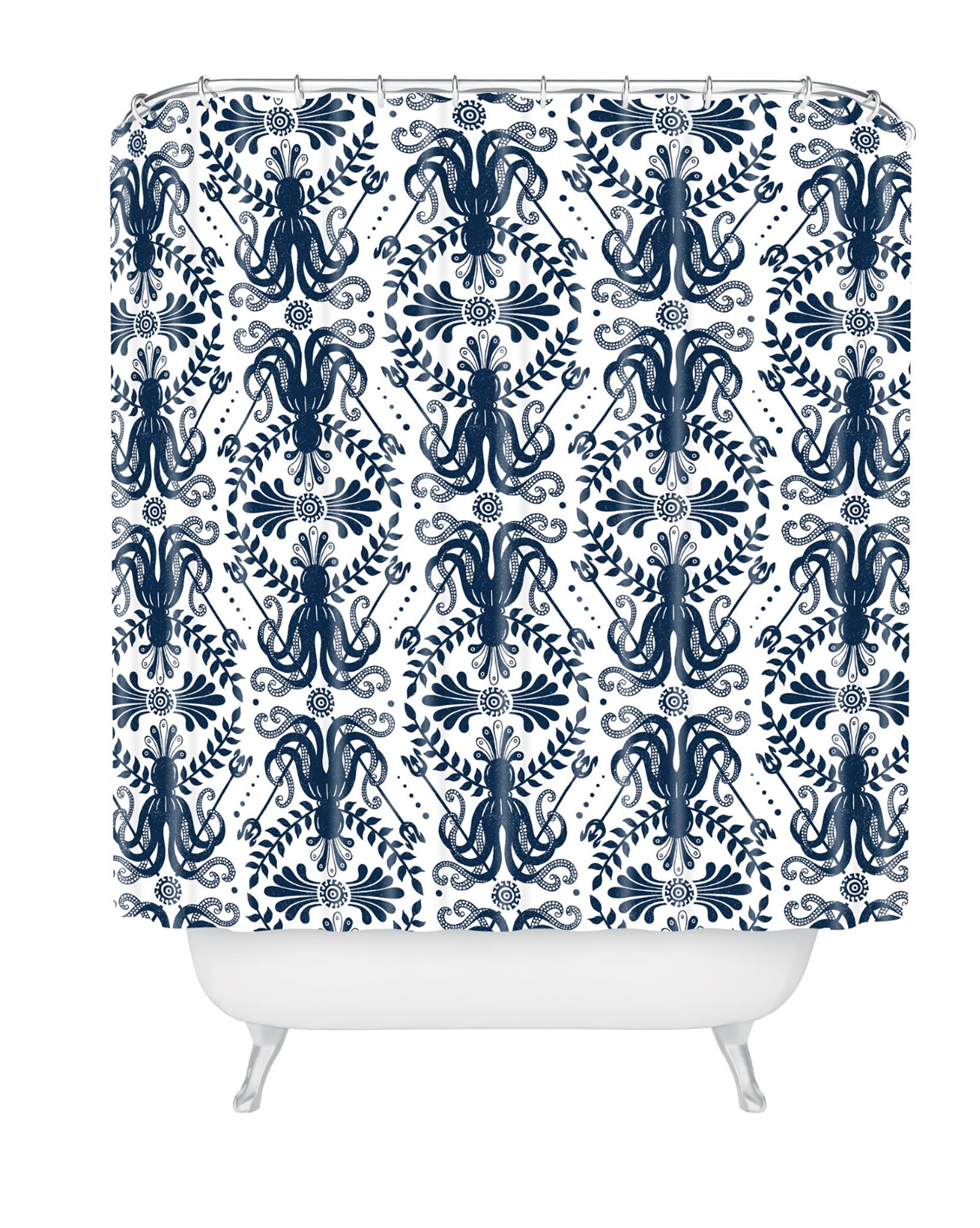 Nautical Damask Shower Curtain with Octopus Mythos Oceanic Design for a Classic Coastal Bathroom - Image 2