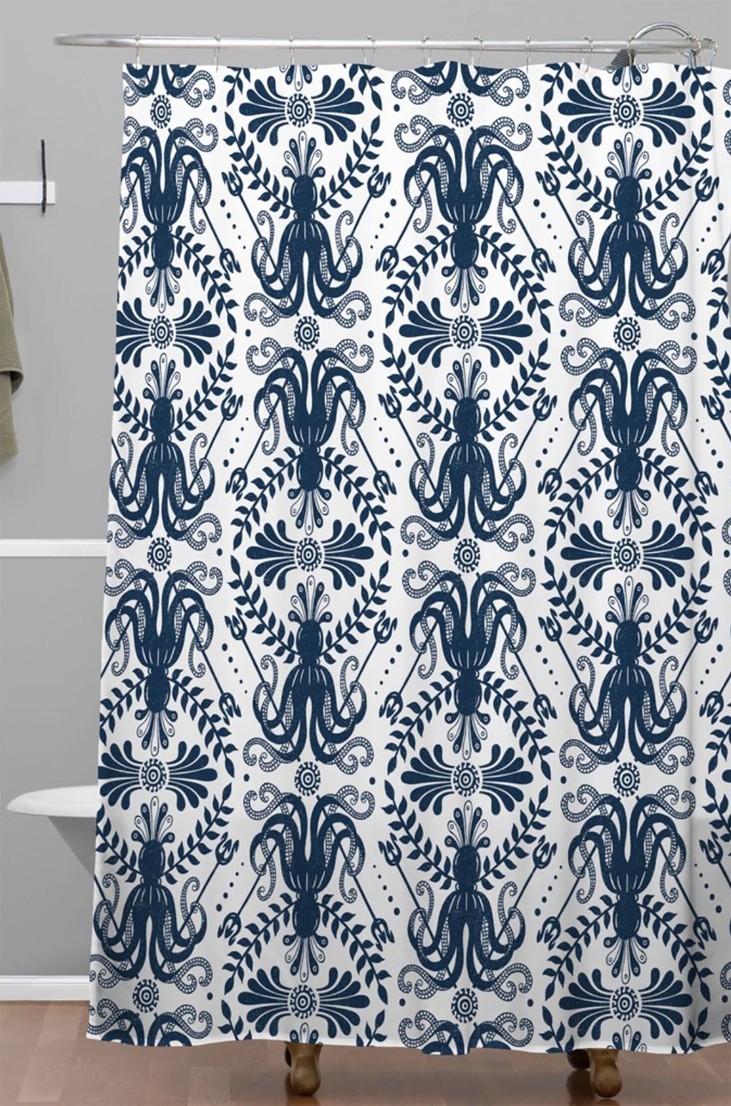 Nautical Damask Shower Curtain with Octopus Mythos Oceanic Design for a Classic Coastal Bathroom - Image 3