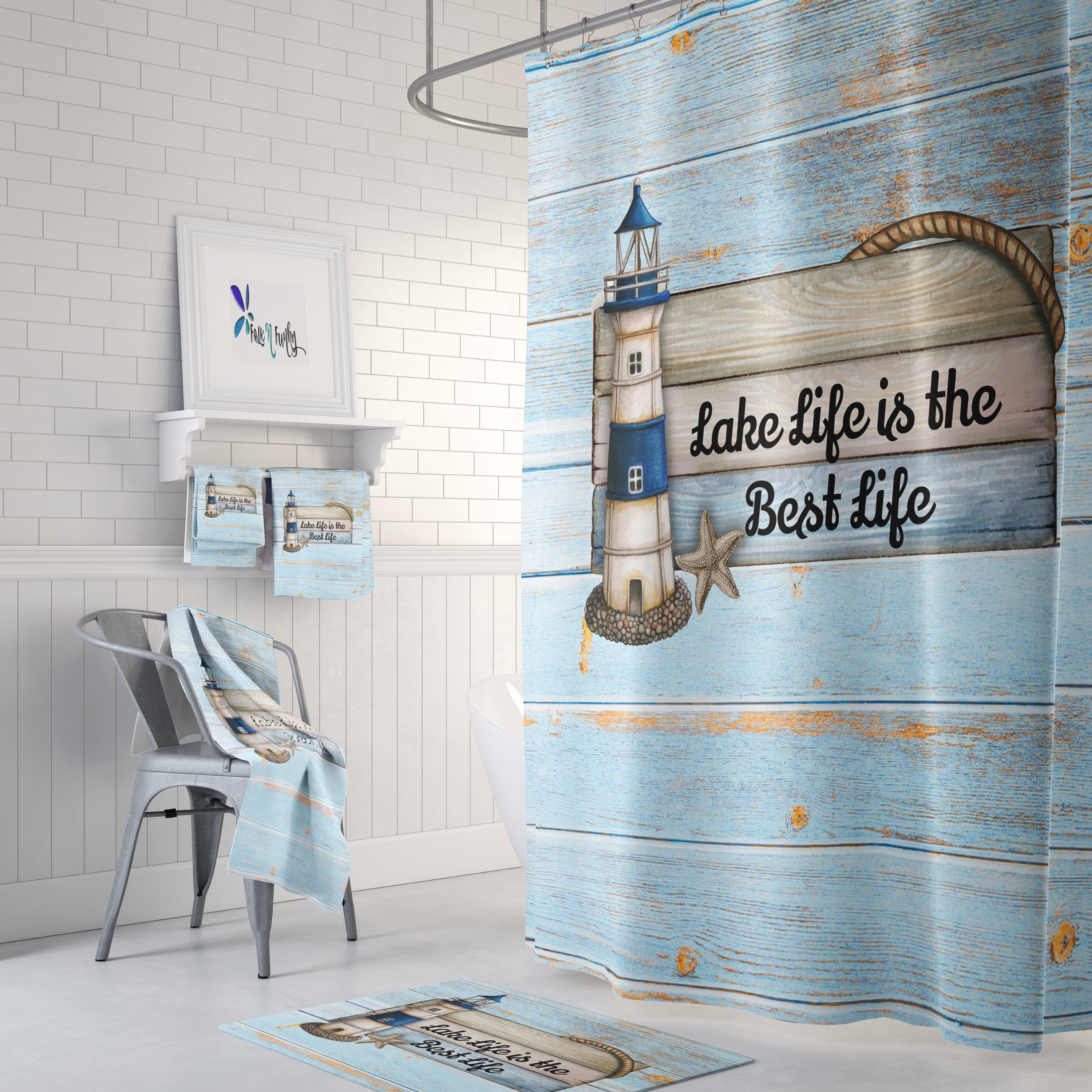 Nautical Lighthouse Shower Curtain Set with Rustic Coastal Decor
