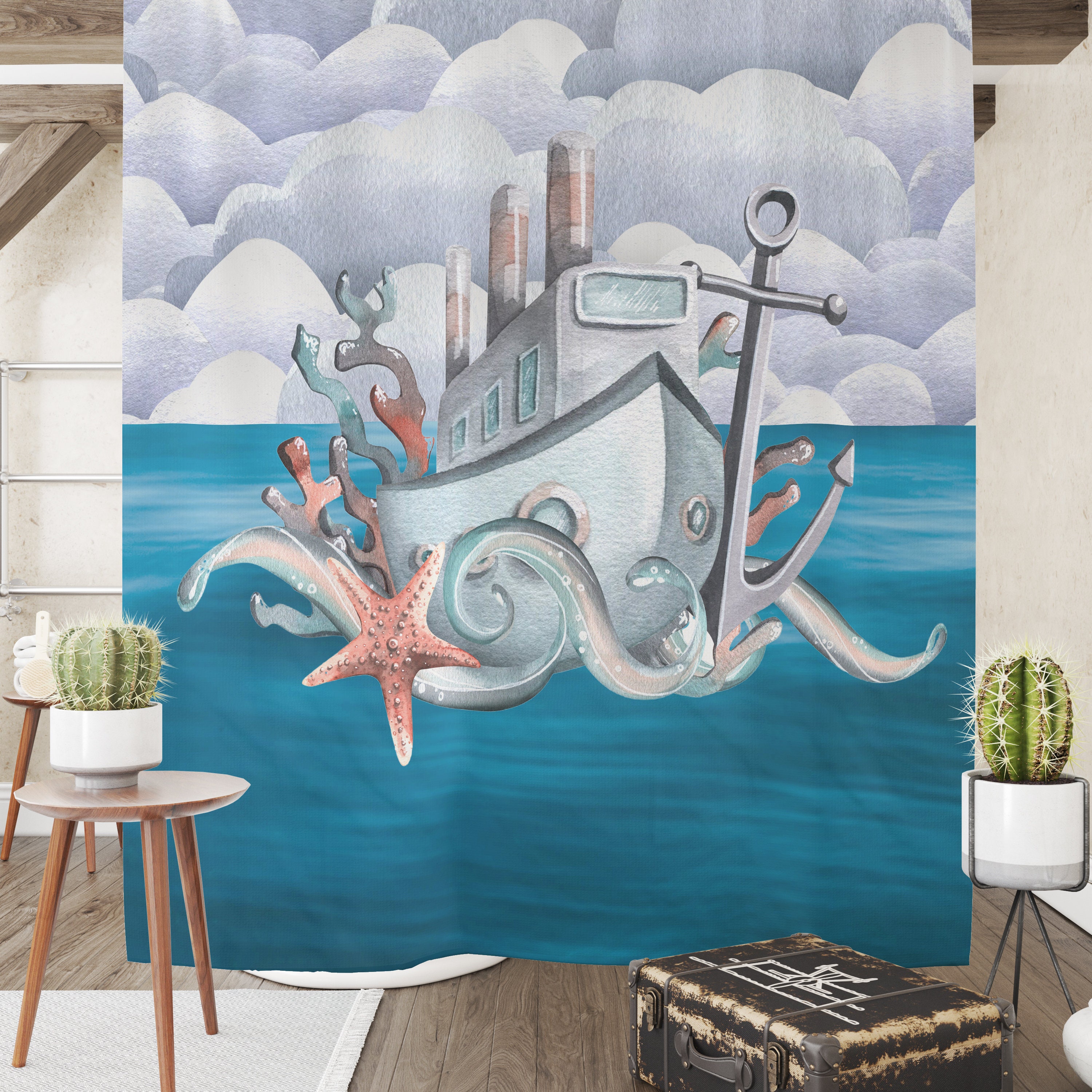 Nautical Octopus and Ship Shower Curtain Set