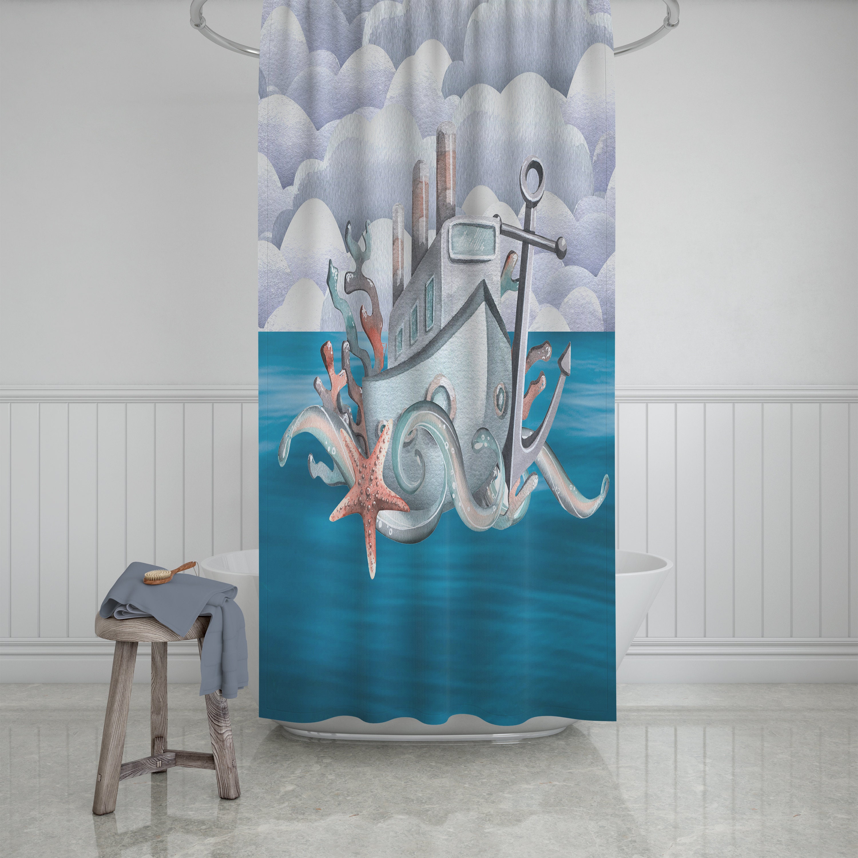 Nautical Octopus and Ship Shower Curtain Set - Image 2