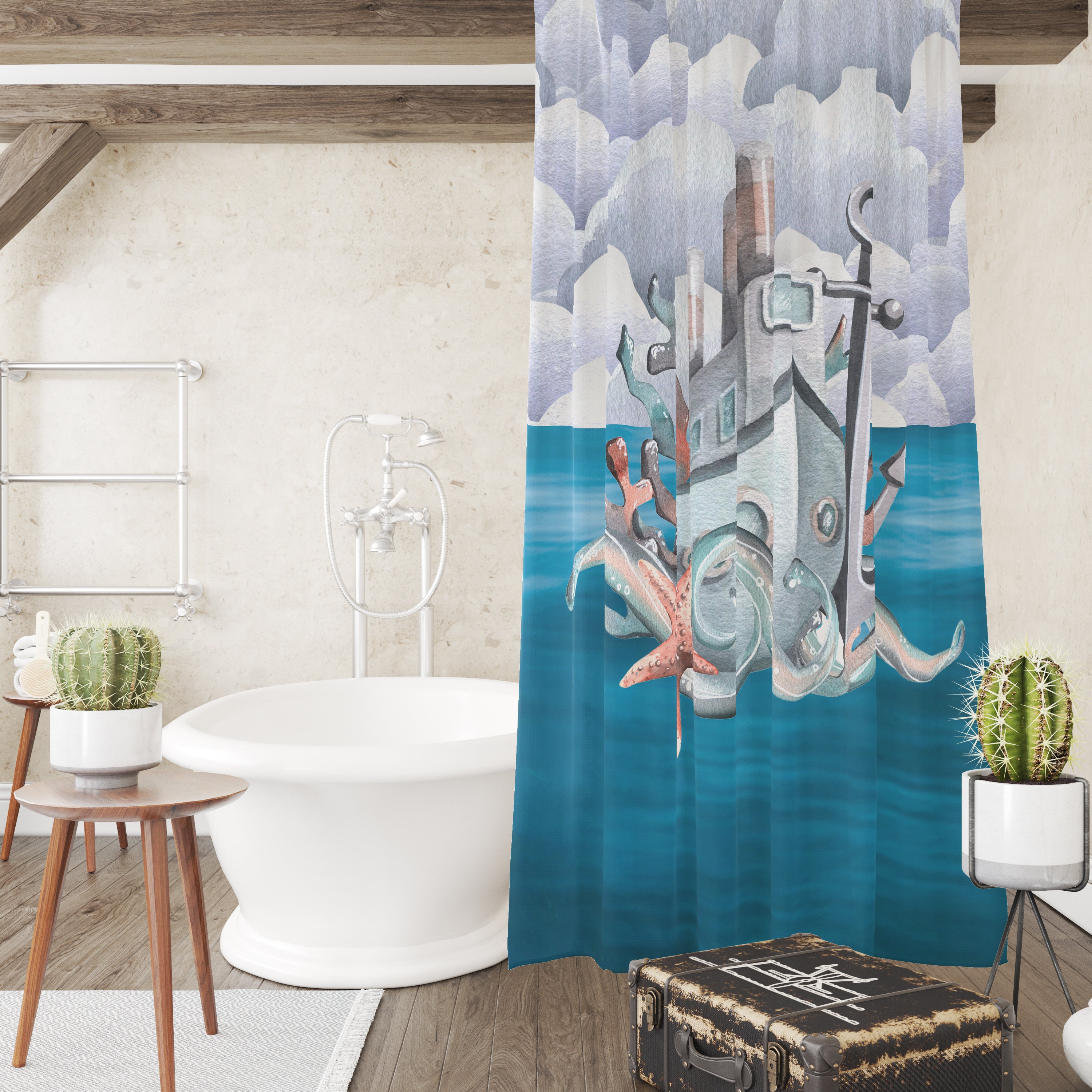 Nautical Octopus and Ship Shower Curtain Set - Image 3