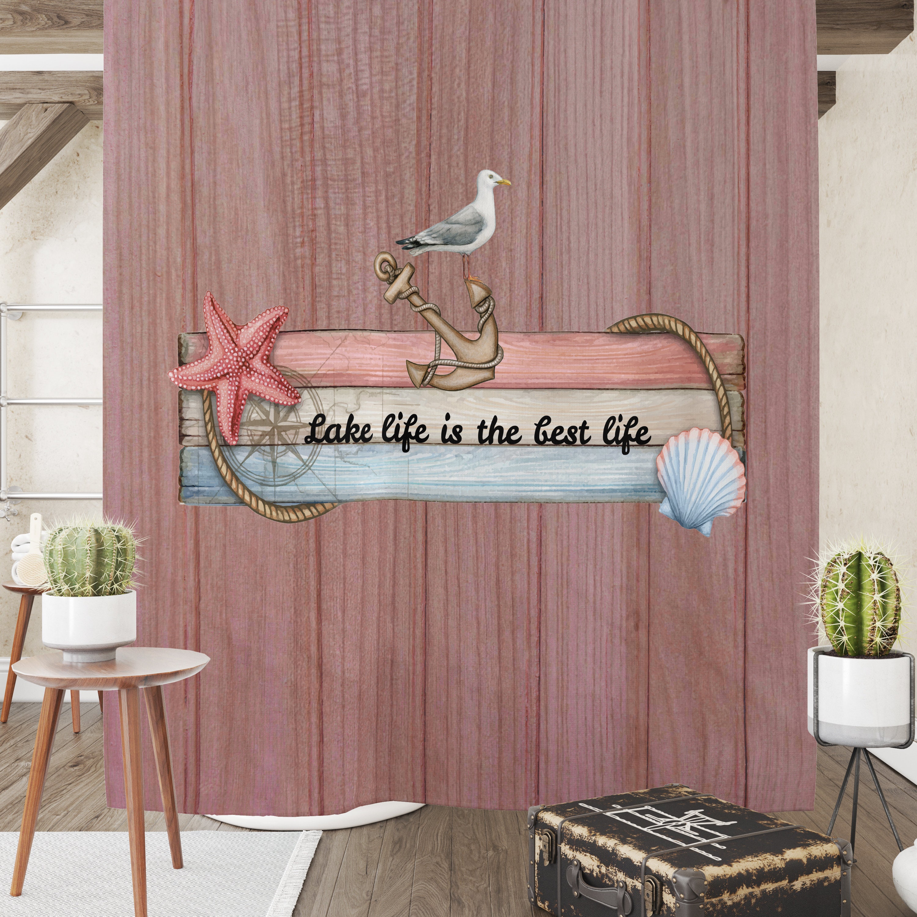 Nautical Rustic Coastal Shower Curtain with Beach Theme Bathroom Decor - Image 2