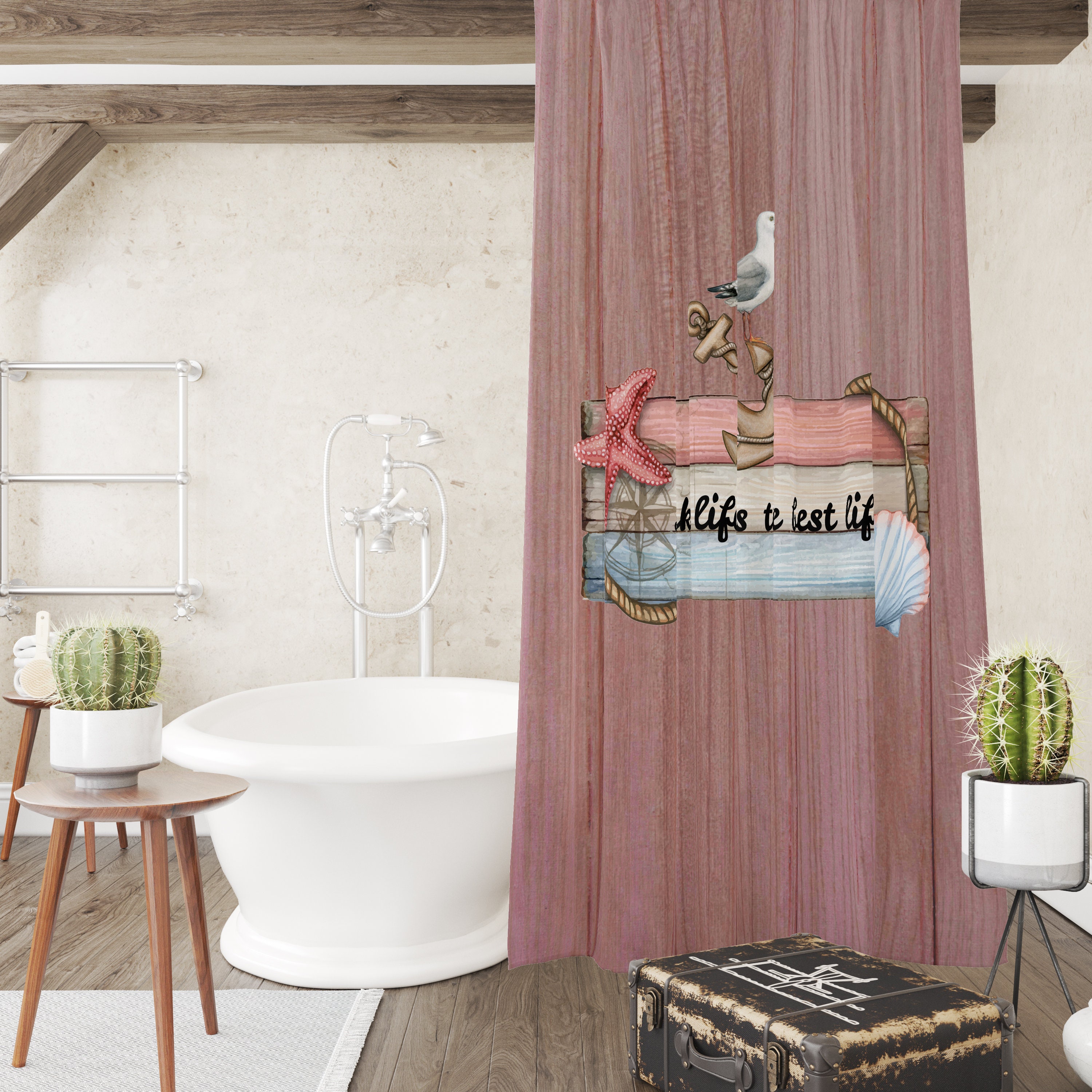 Nautical Rustic Coastal Shower Curtain with Beach Theme Bathroom Decor - Image 3