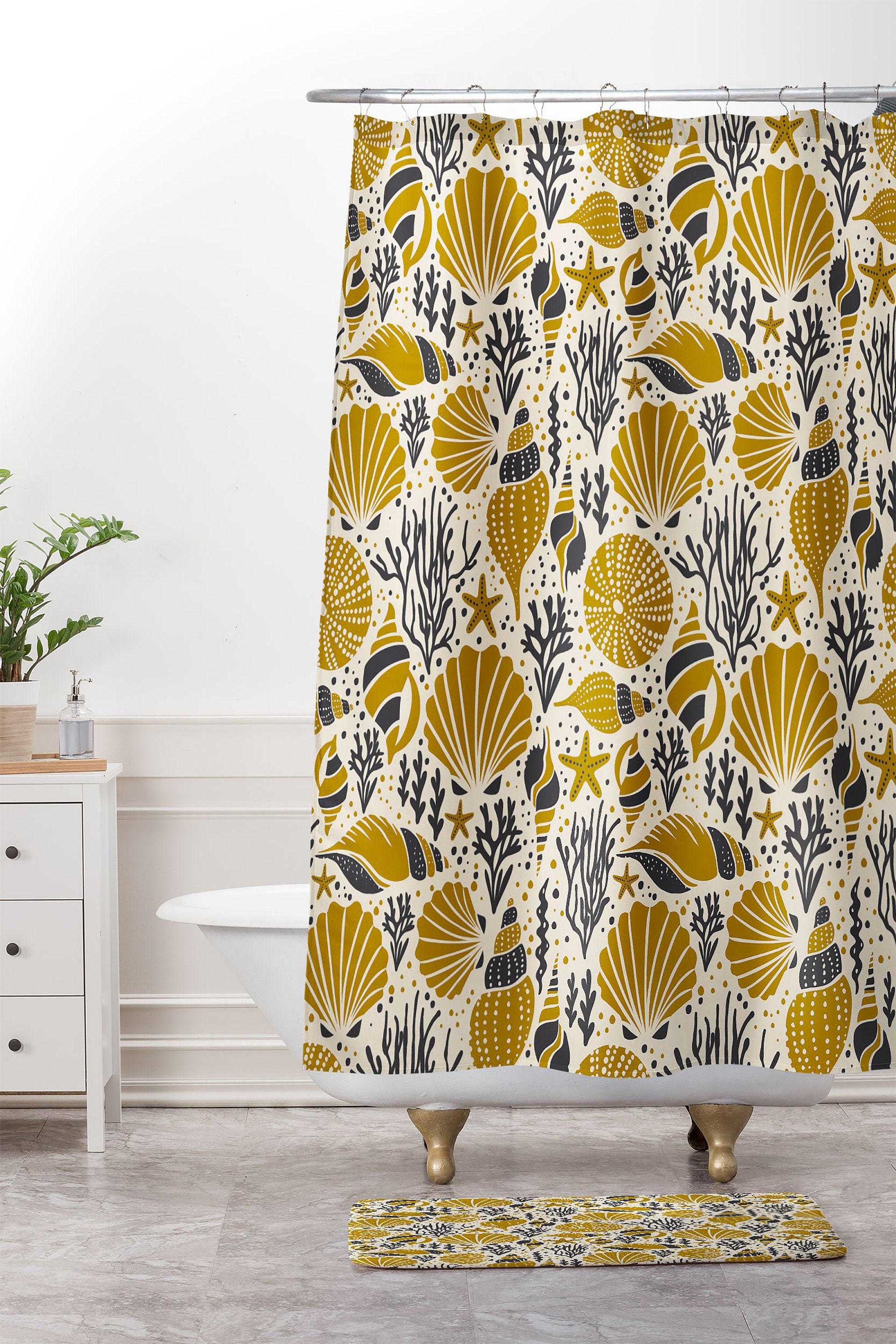 Nautical Sea Shell Shower Curtain with Yellow and Beachy Vibes for a Coastal Bathroom