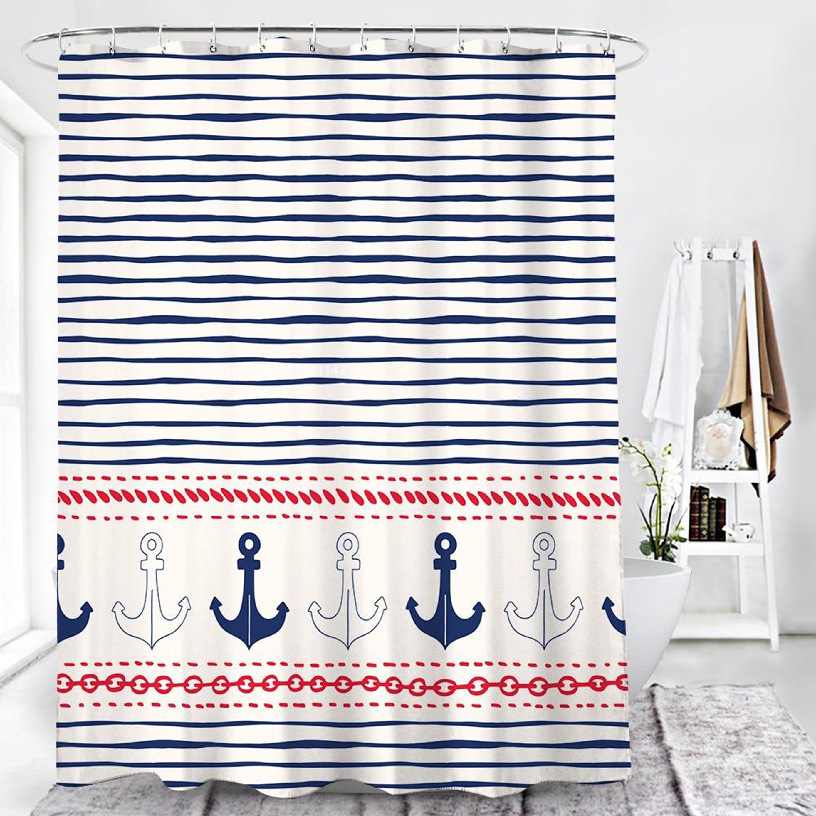 Nautical Themed Curtain Shower Curtain | Blue Anchor, Boat Ocean Beach Marine | Home Bath Decor | Housewarming Gift