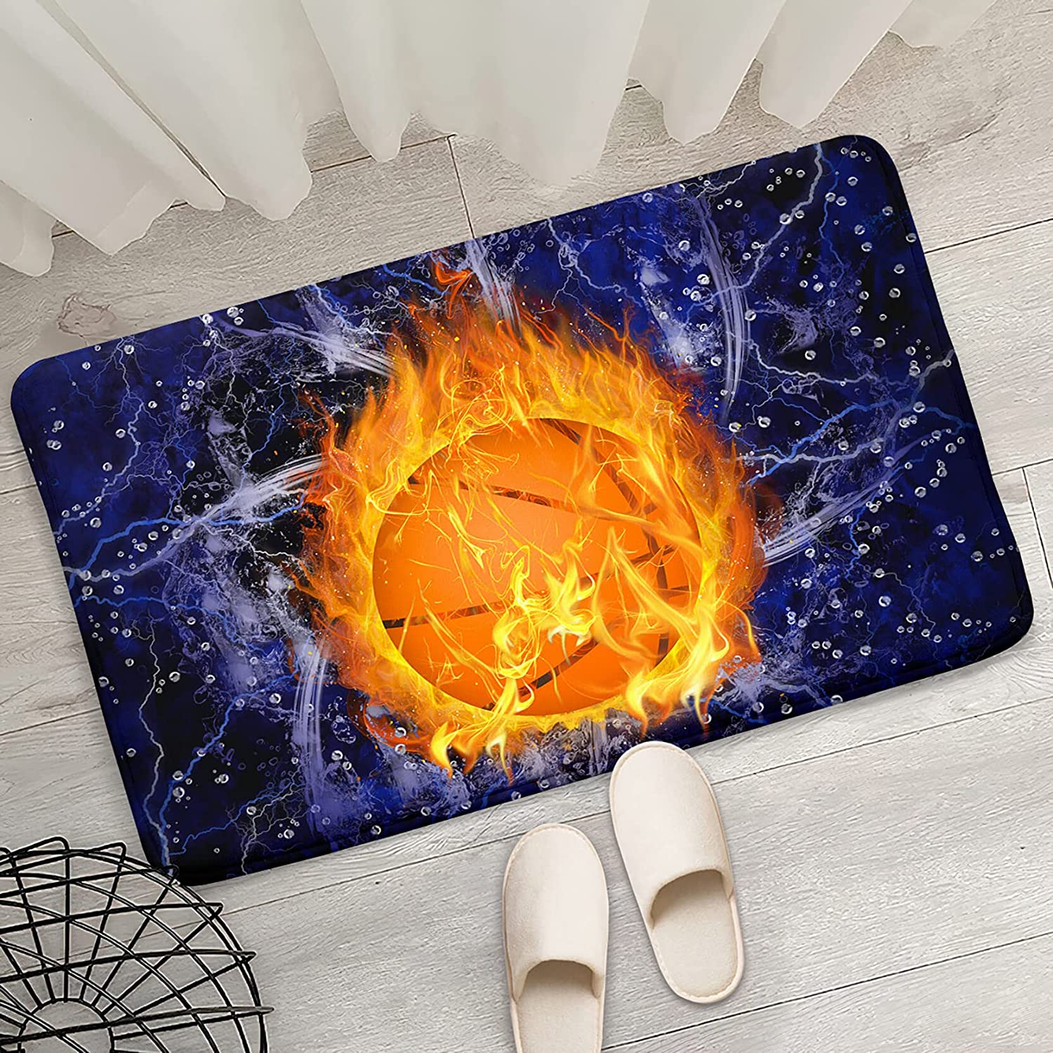Navy Blue Basketball Rug with Flame Print - Sporty Basketball Room Decor for Boys Bedroom and Living Room - Image 4