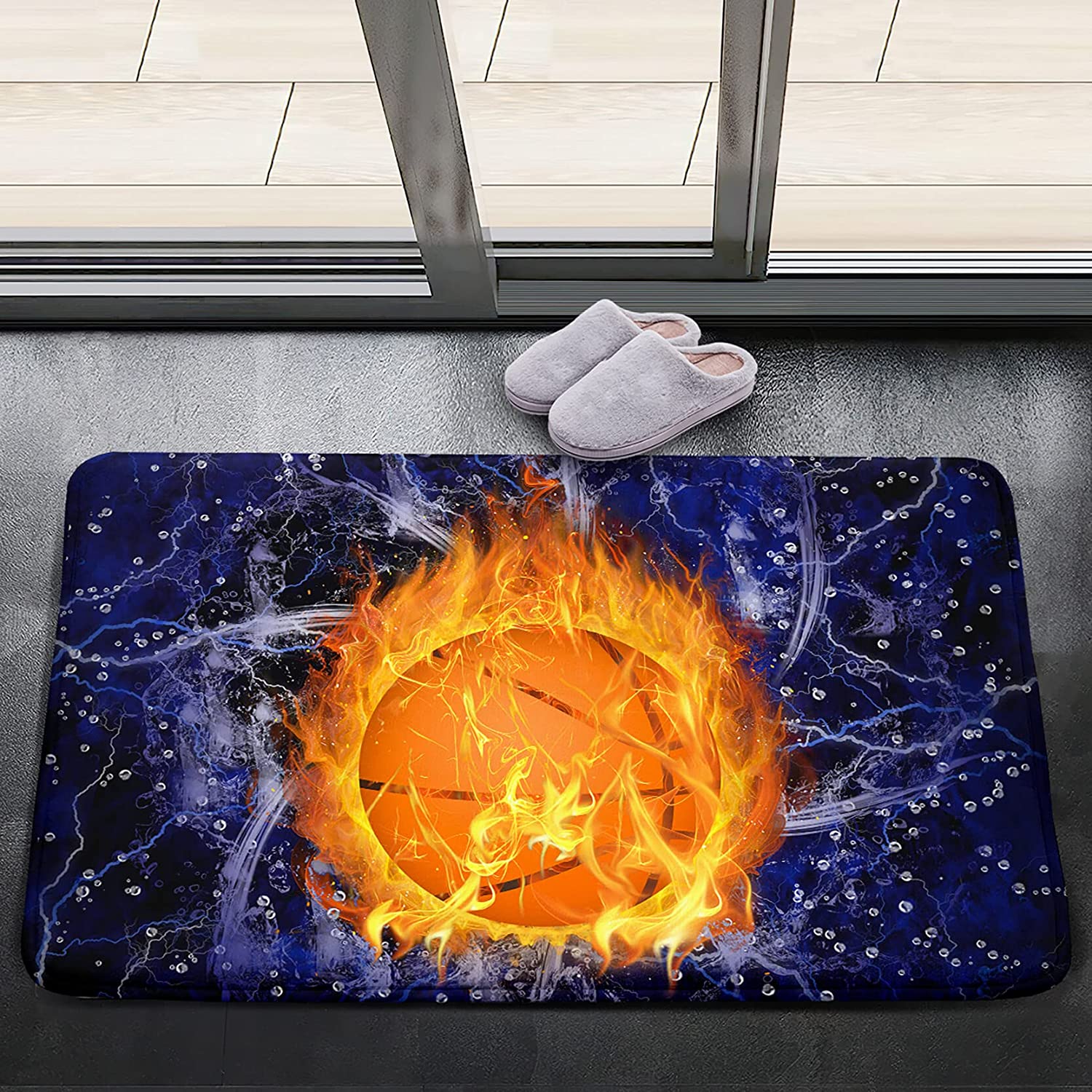 Navy Blue Basketball Rug with Flame Print - Unique Basketball Room Decor for Boys Bedroom and Living Room