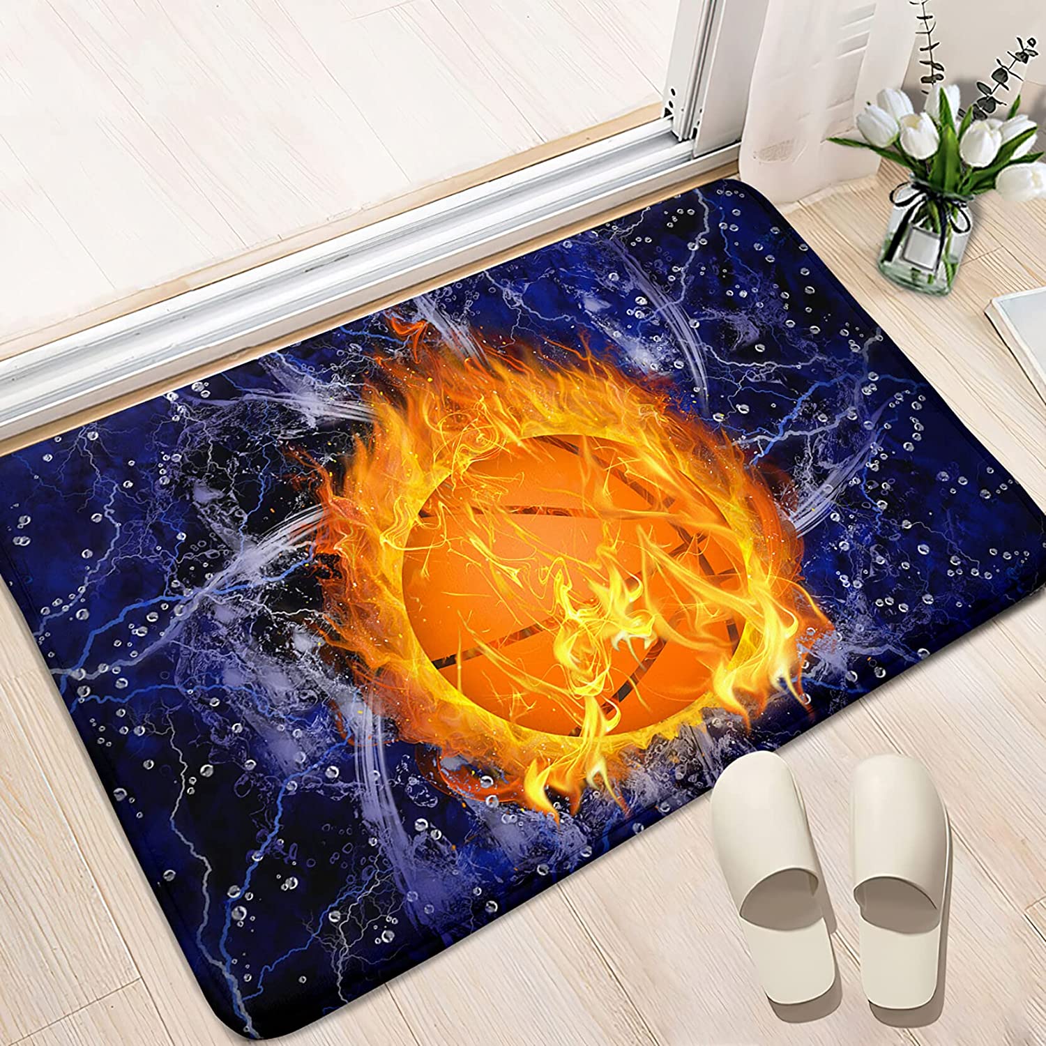 Navy Blue Basketball Rug with Flame Print - Unique Basketball Room Decor for Boys Bedroom and Living Room - Image 3