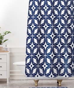 Navy Blue Geometric Shower Curtain | Starburst Mid Century Modern Bath Curtain | Vintage Bathroom Decor
