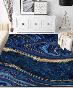 Navy Blue Gold Marble Abstract Striped Indoor Area Rug with Non-Slip Backing for Home Decor