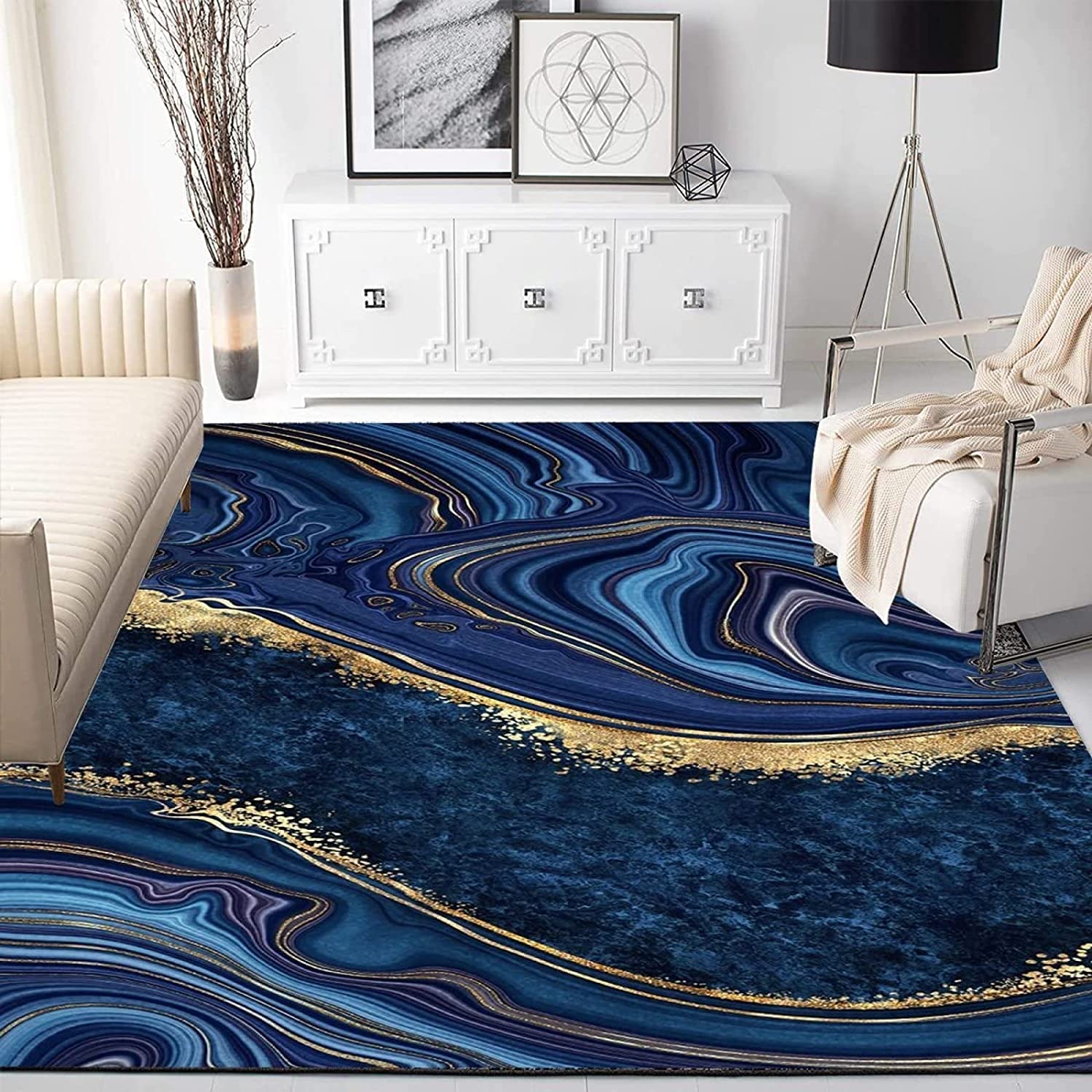 Navy Blue Gold Marble Abstract Striped Indoor Area Rug with Non-Slip Backing for Home Decor