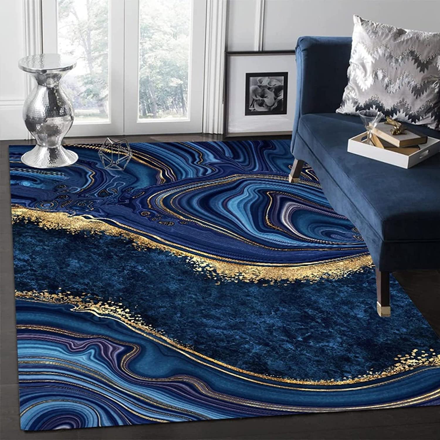 Navy Blue Gold Marble Abstract Striped Indoor Area Rug with Non-Slip Backing for Home Decor - Image 2
