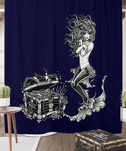 Navy Blue Mermaid Shower Curtain Towels Bath Mat Options | vintage bathroom shower curtains