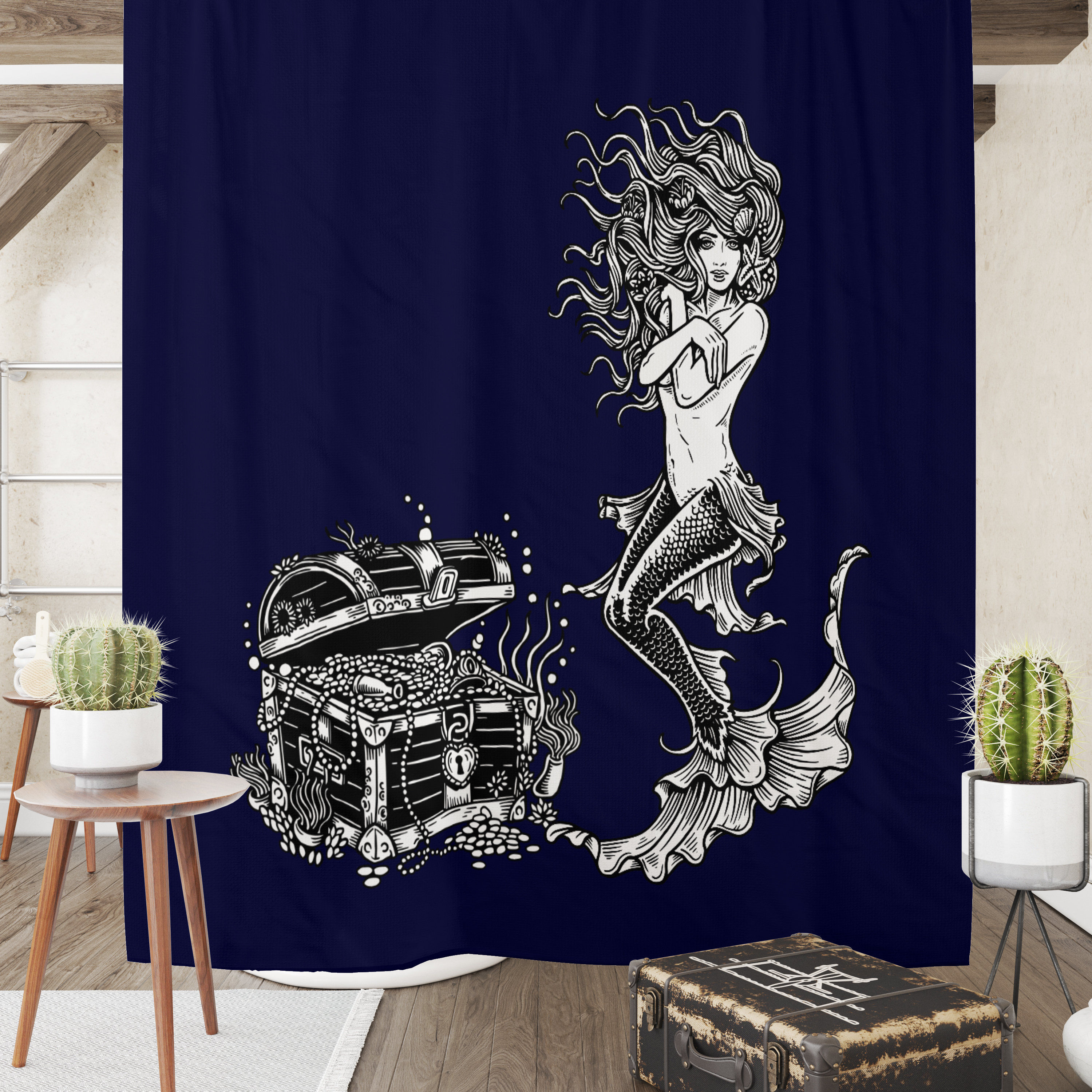 Navy Blue Mermaid Shower Curtain Towels Bath Mat Options | vintage bathroom shower curtains