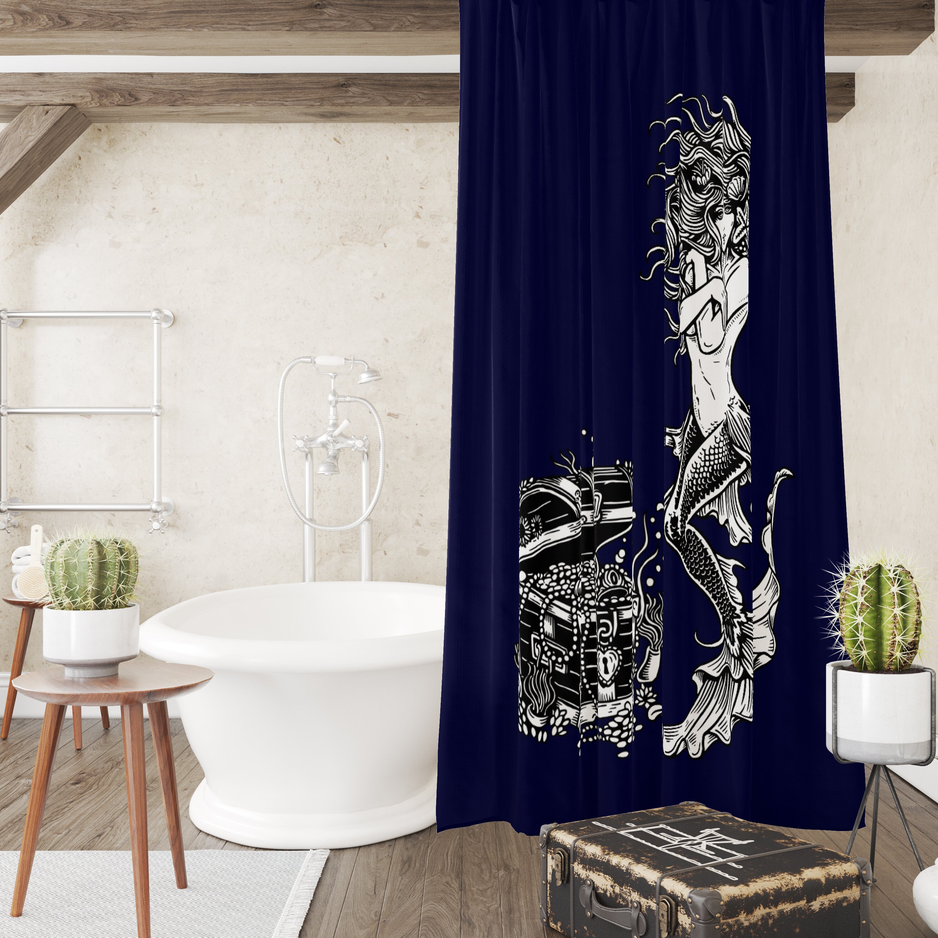 Navy Blue Mermaid Shower Curtain Towels Bath Mat Options | vintage bathroom shower curtains - Image 2
