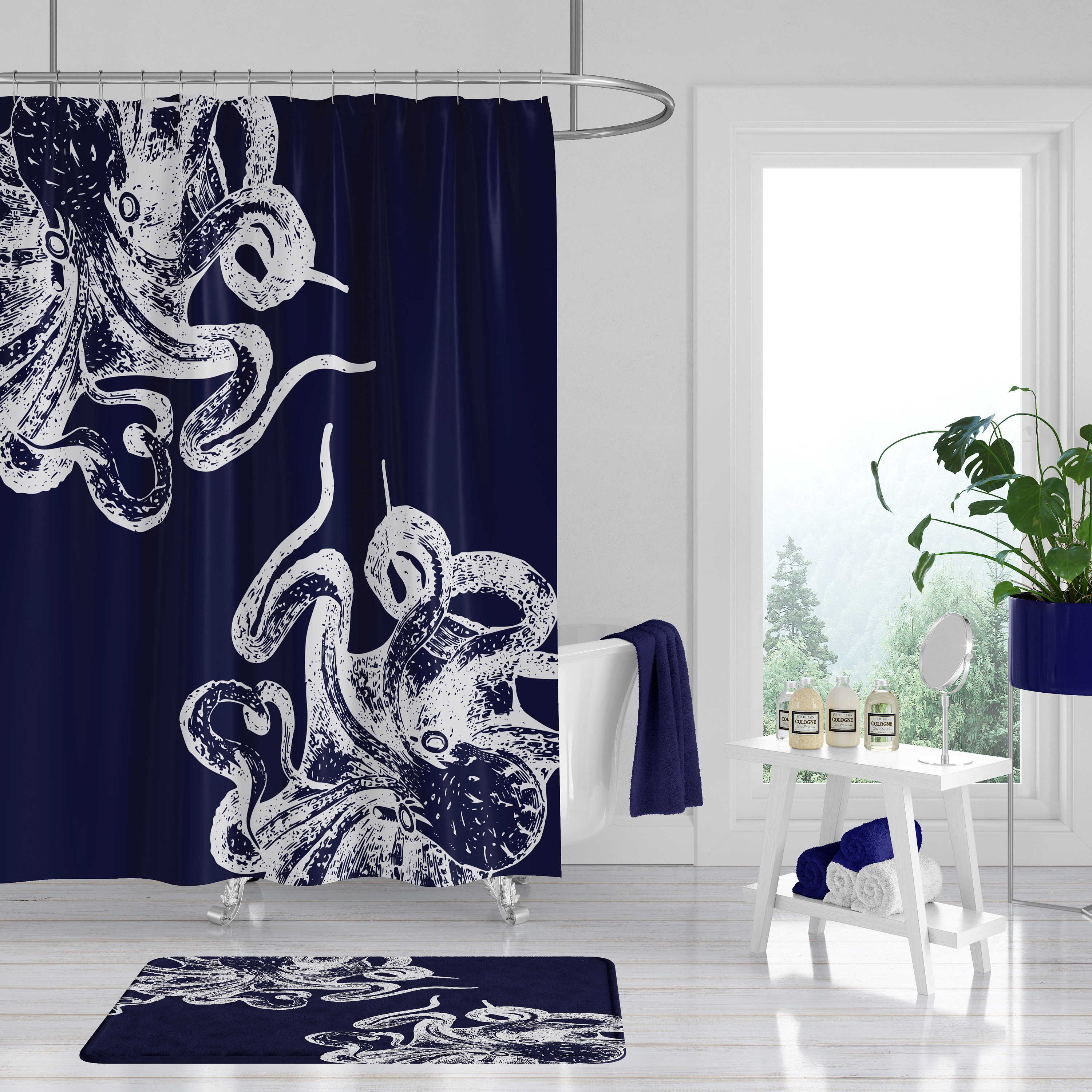 Navy Blue Octopus Disney Shower Curtain for an Underwater Oasis Bathroom Decor