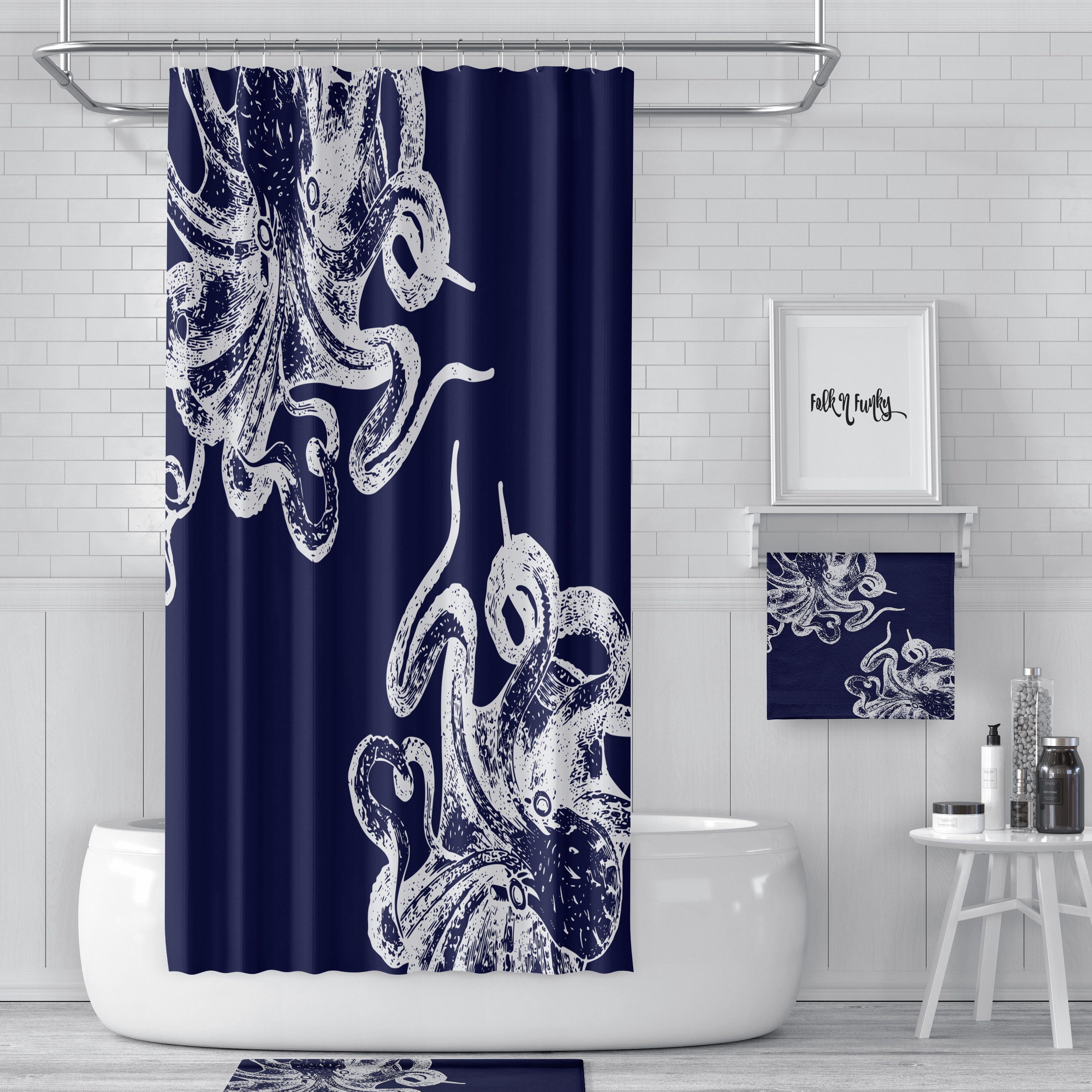 Navy Blue Octopus Disney Shower Curtain for an Underwater Oasis Bathroom Decor - Image 2