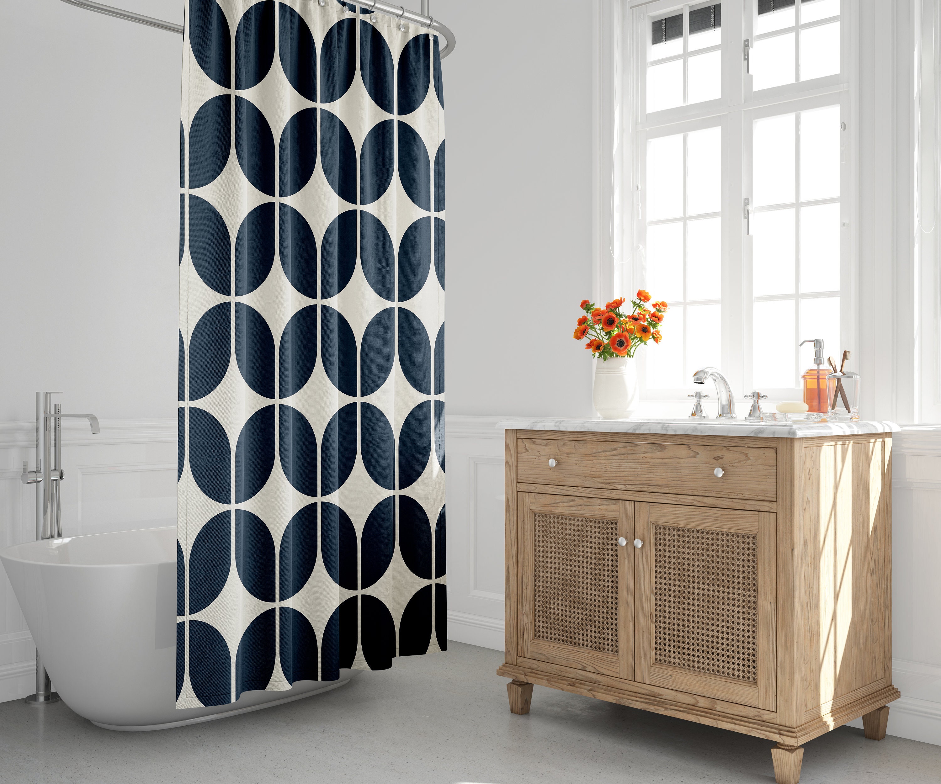 Navy Blue and Beige Minimalist Geometric Shower Curtain - Retro and Modern Bath Decor