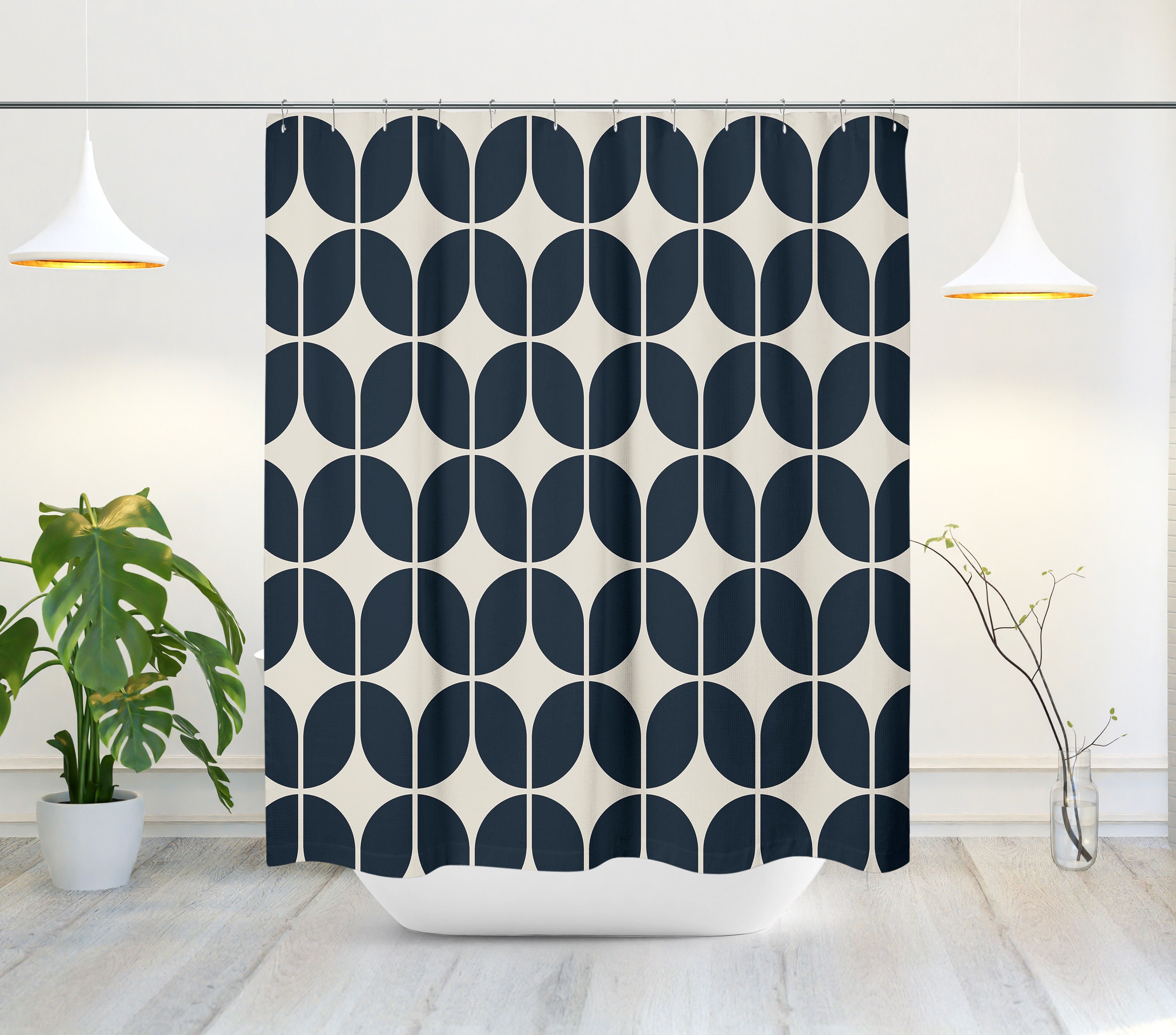 Navy Blue and Beige Minimalist Geometric Shower Curtain - Retro and Modern Bath Decor - Image 2