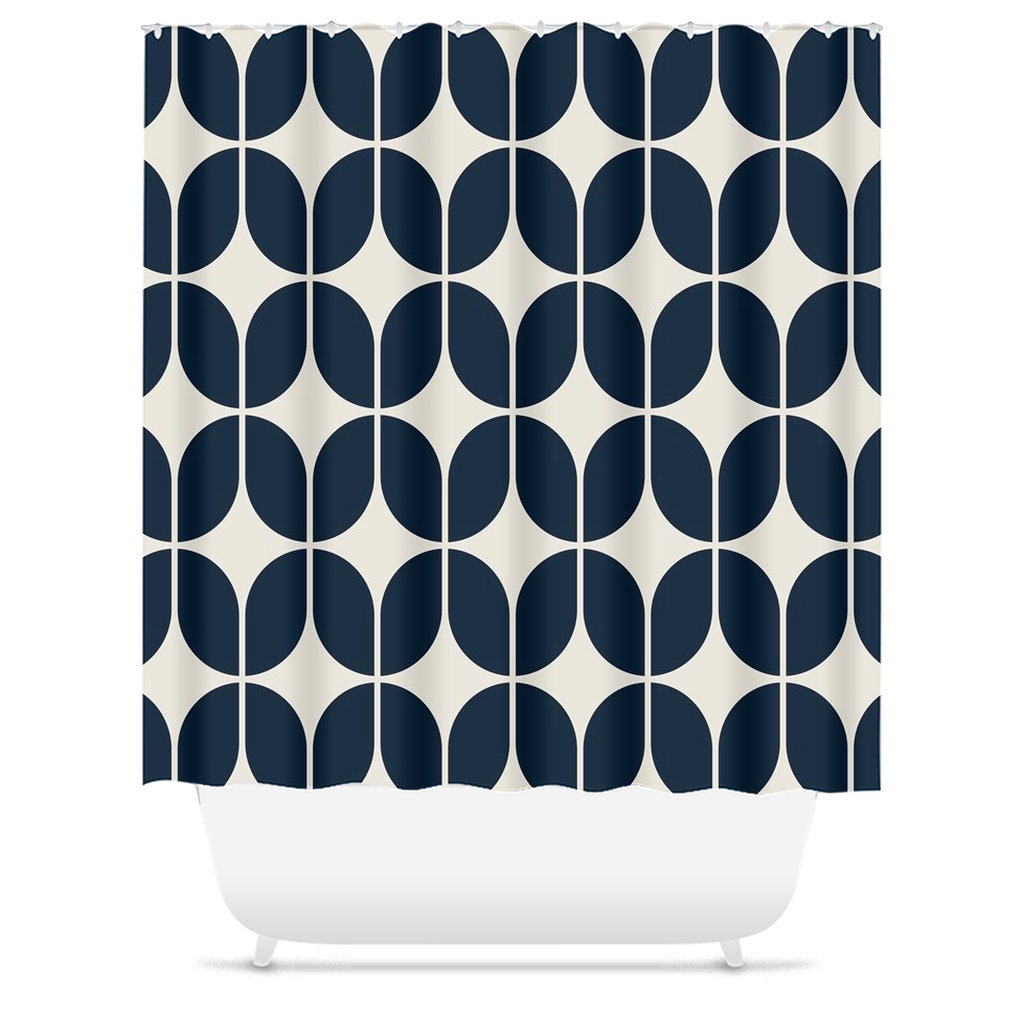 Navy Blue and Beige Minimalist Geometric Shower Curtain - Retro and Modern Bath Decor - Image 3