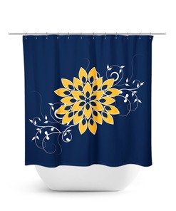 Navy Blue and Gold Flower Shower Curtain, Unique Floral Shower Curtain Art for Blue Yellow Bathroom Decor
