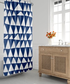 Navy Blue and White Mid Century Modern Triangle Shower Curtain - Minimalist Abstract Design