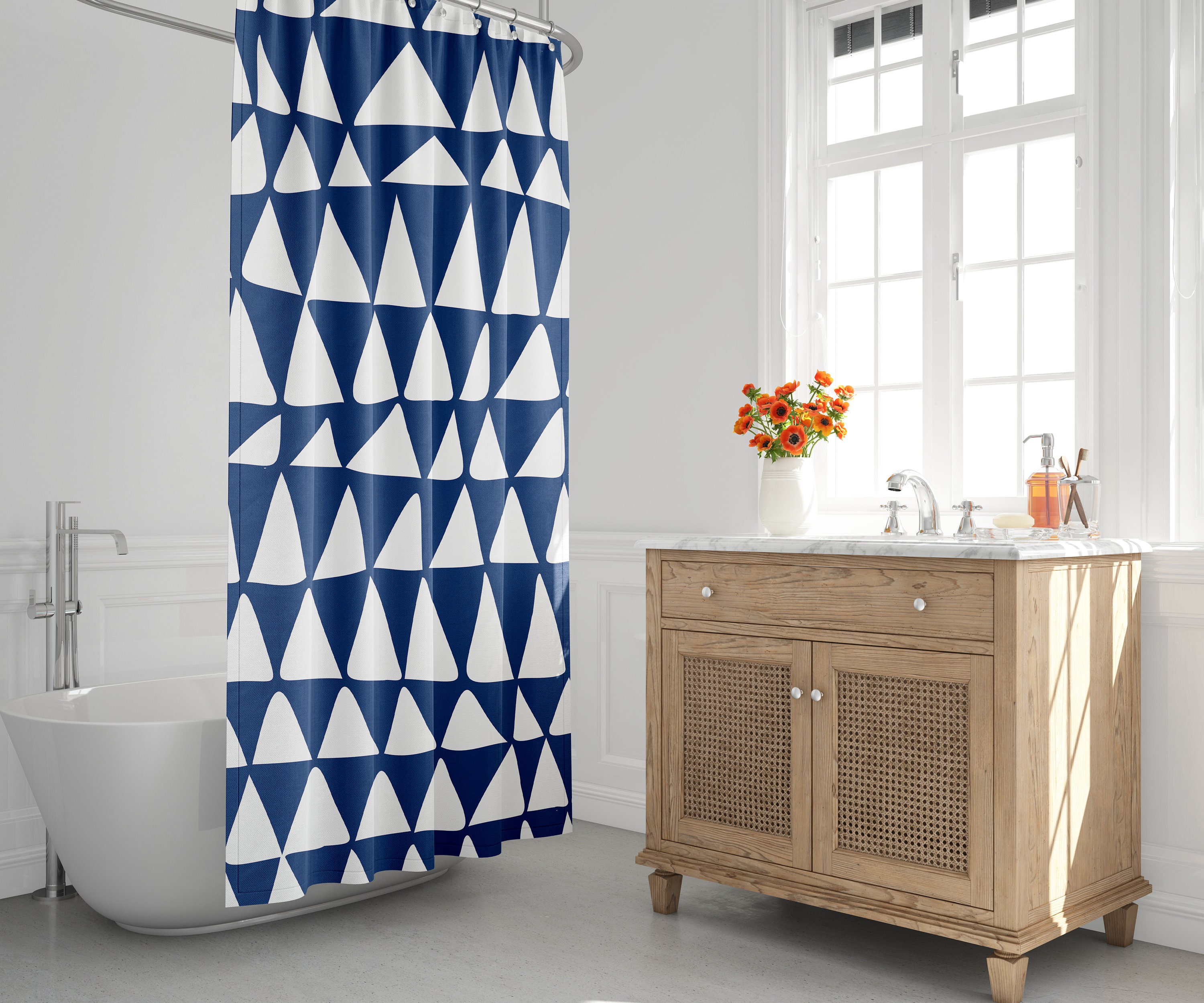 Navy Blue and White Mid Century Modern Triangle Shower Curtain - Minimalist Abstract Design