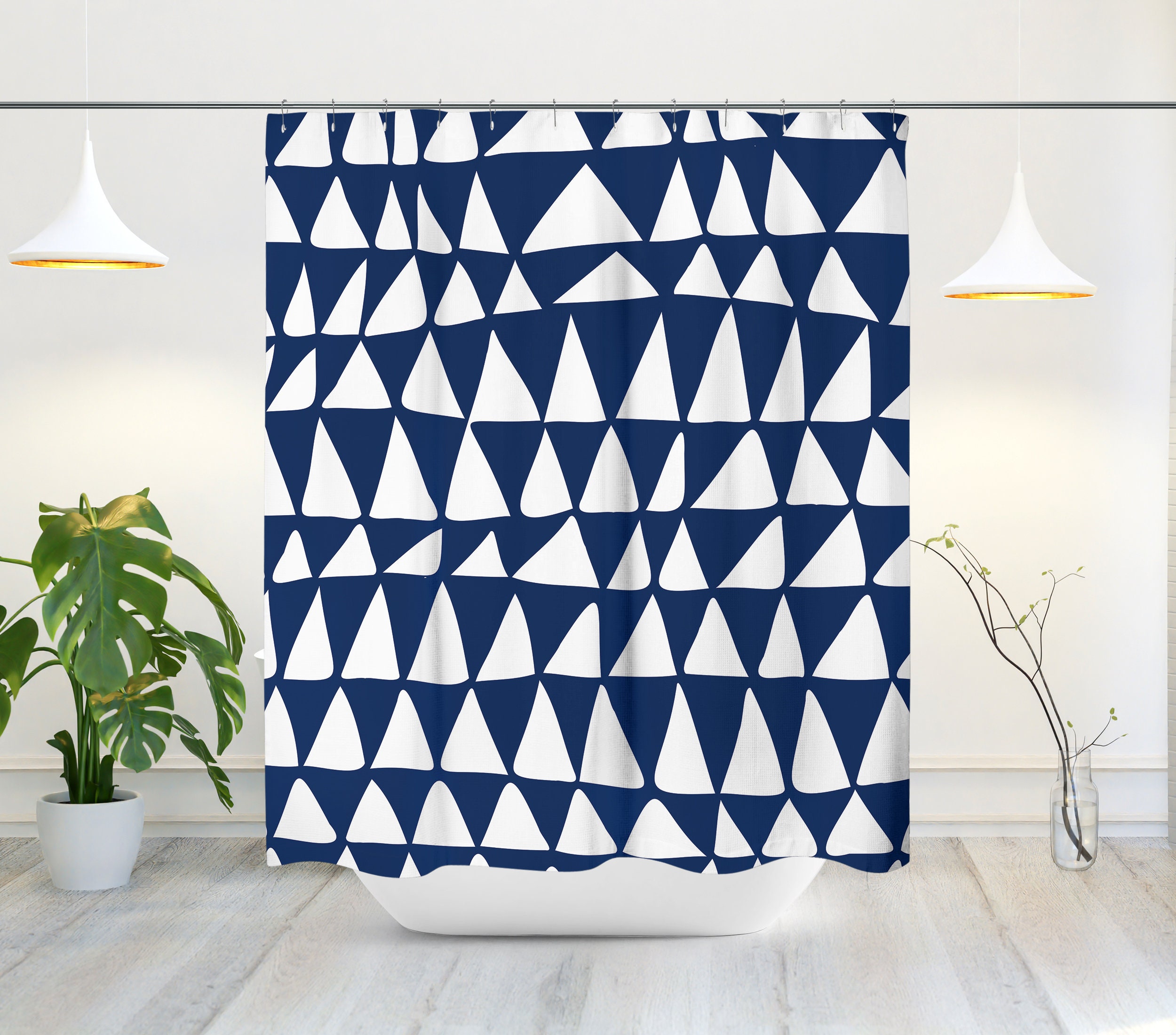 Navy Blue and White Mid Century Modern Triangle Shower Curtain - Minimalist Abstract Design - Image 2