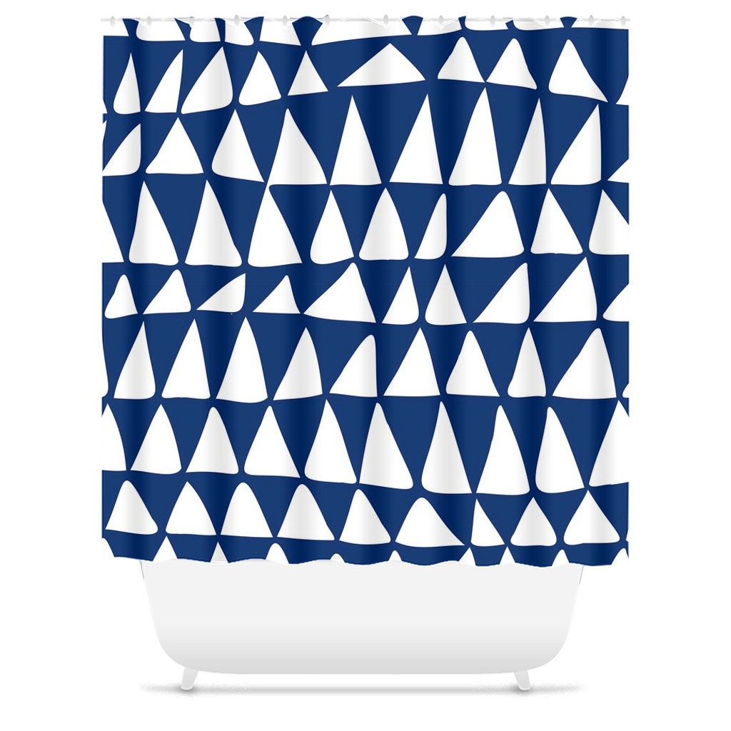 Navy Blue and White Mid Century Modern Triangle Shower Curtain - Minimalist Abstract Design - Image 3