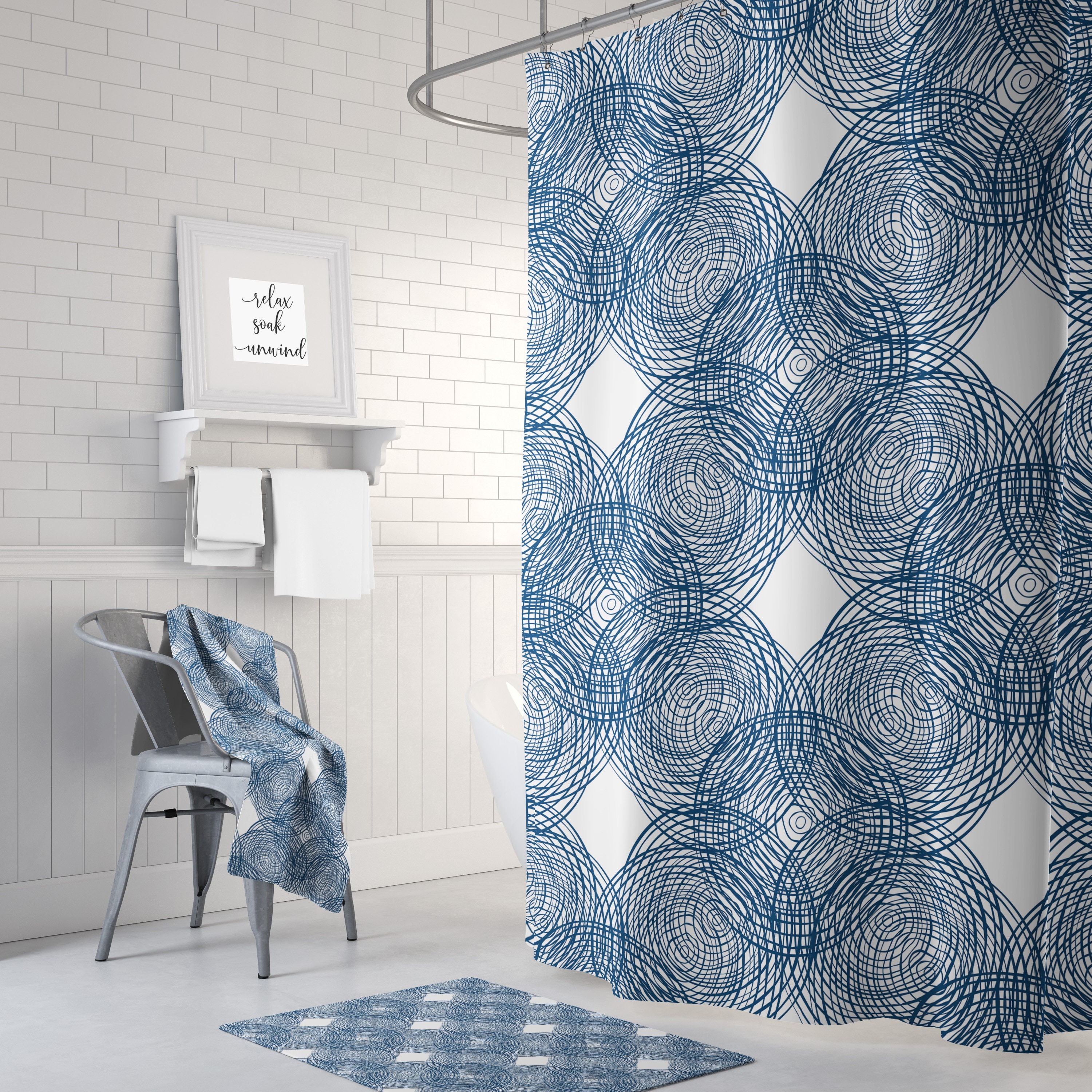Navy Blue and White Striped Shower Curtain | Blue Bathroom Decor | 71 x 71 | Nautical Shower Curtains