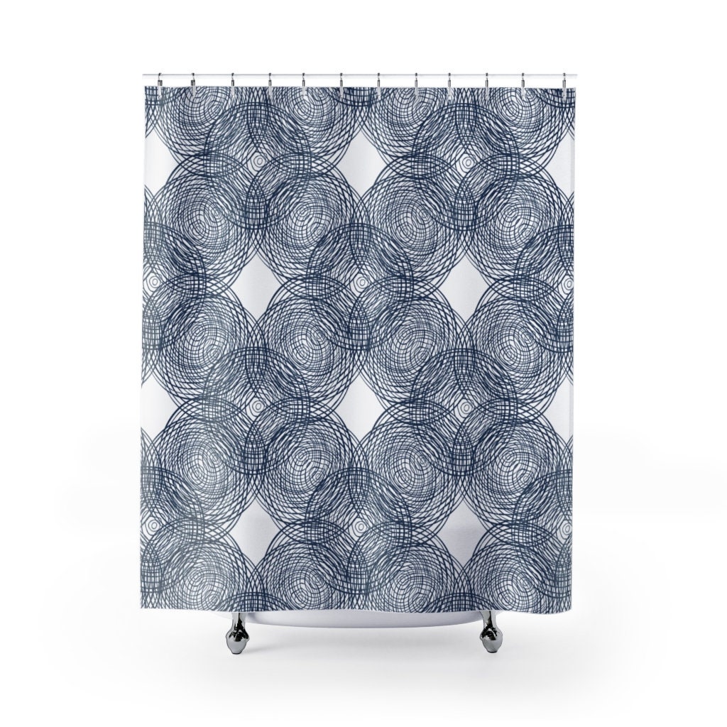 Navy Blue and White Striped Shower Curtain | Blue Bathroom Decor | 71 x 71 | Nautical Shower Curtains - Image 2