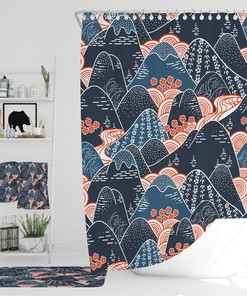 Navy Floral Mountain Shower Curtain - Adventure Bath Curtain with Matching Towels