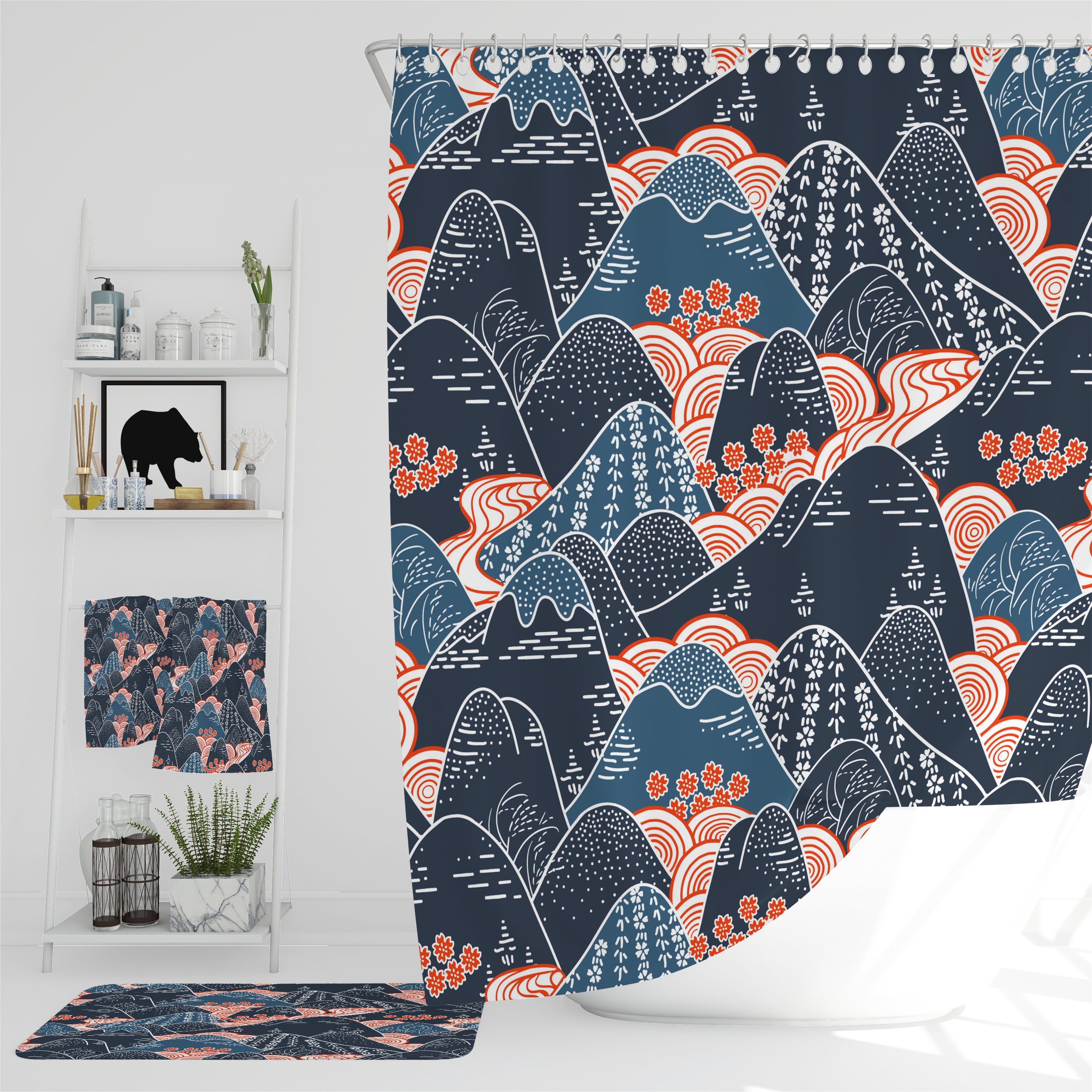 Navy Floral Mountain Shower Curtain - Adventure Bath Curtain with Matching Towels