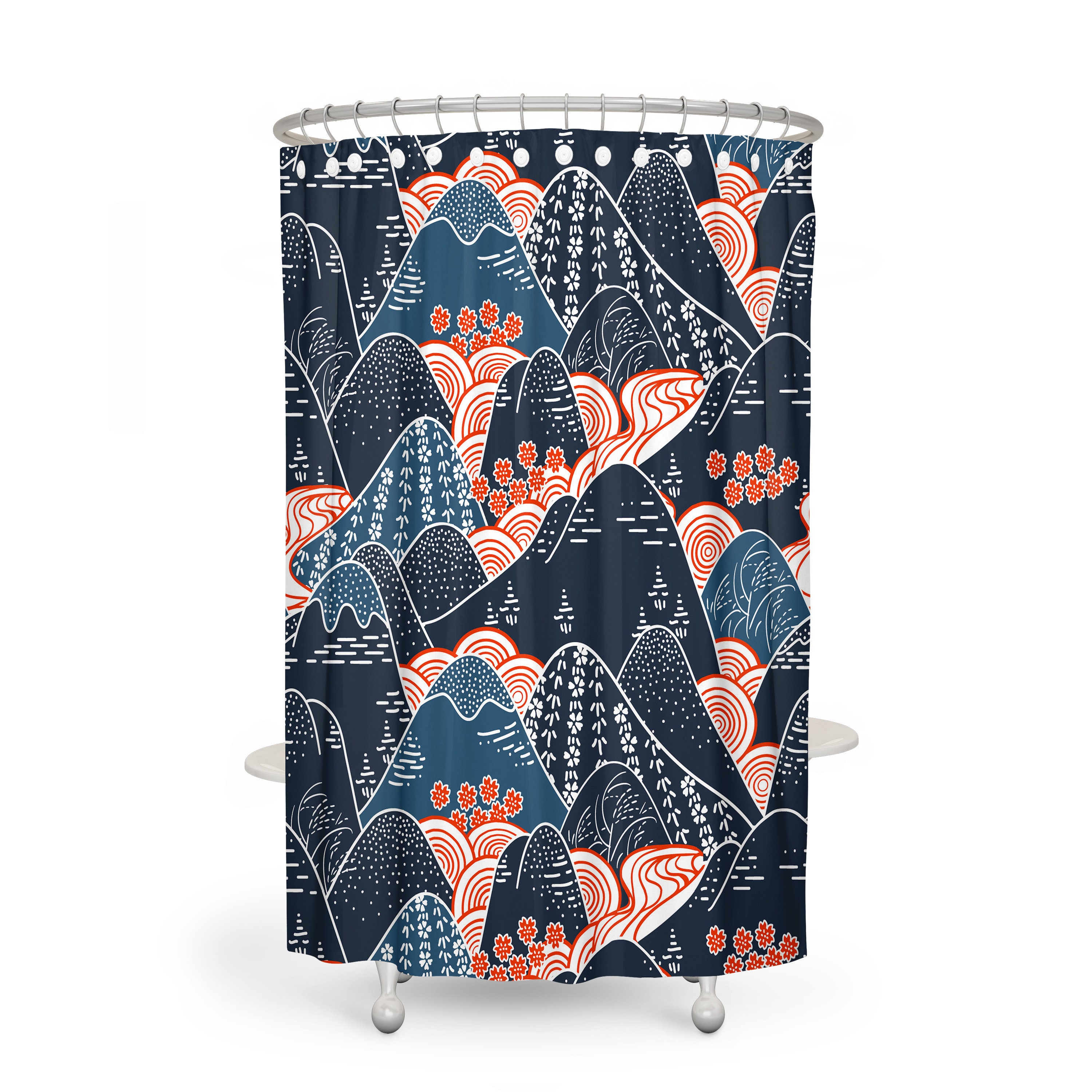 Navy Floral Mountain Shower Curtain - Adventure Bath Curtain with Matching Towels - Image 2