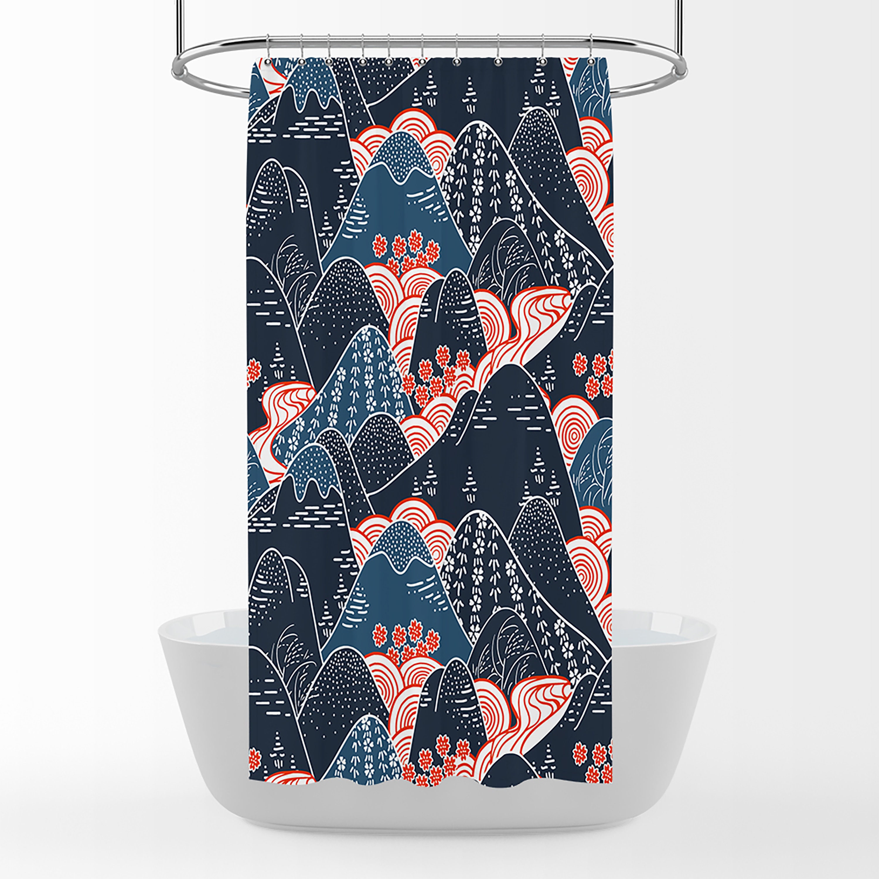 Navy Floral Mountain Shower Curtain - Adventure Bath Curtain with Matching Towels - Image 3