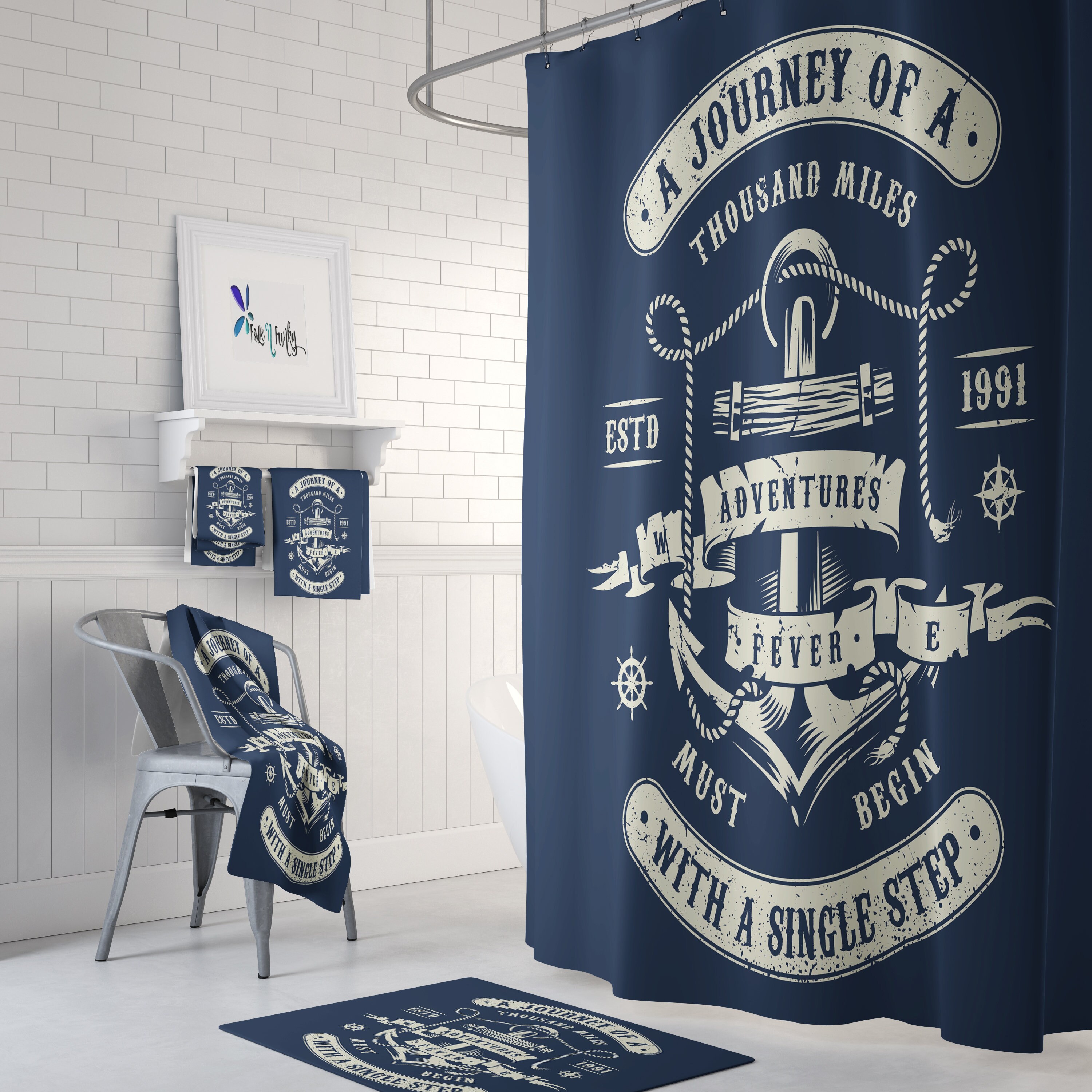 Navy Nautical Adventure Shower Curtain Set with Oceanic Bath Decor