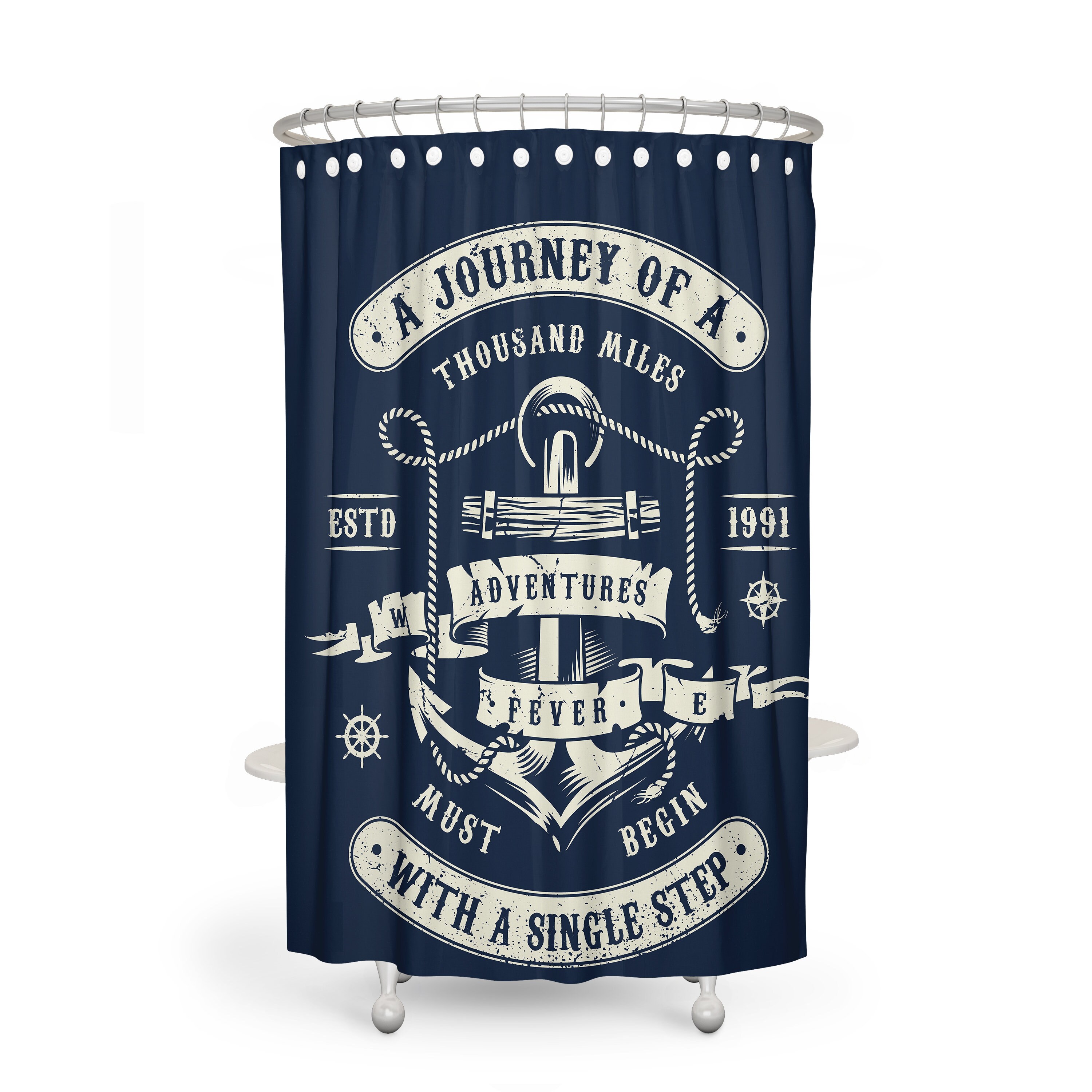 Navy Nautical Adventure Shower Curtain Set with Oceanic Bath Decor - Image 2